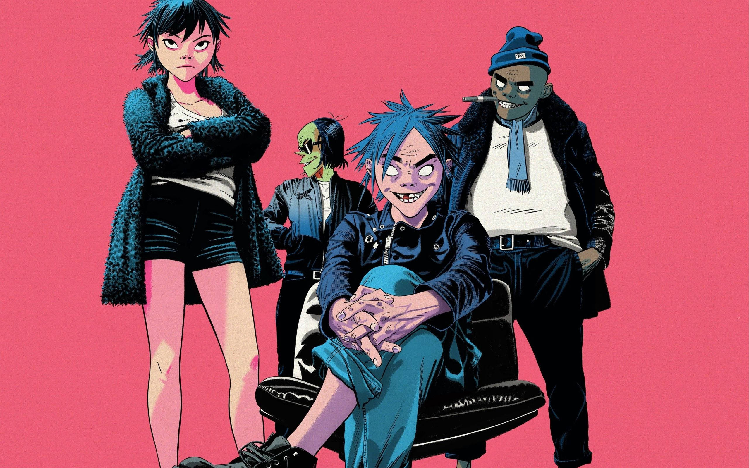 《Feel Good Inc.》 - 立即暢享Gorillaz音樂 壁紙 — 四個風格化的動漫角色，帶有龐克美學，在純粉紅色背景前擺姿勢。