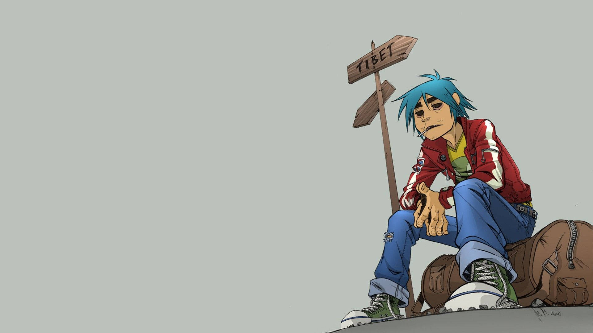 《Feel Good Inc.》與Gorillaz 壁紙 — 一個藍髮動漫角色沮喪地坐在一個寫著「TIBET」的木製路標旁邊，背景是純灰色。
