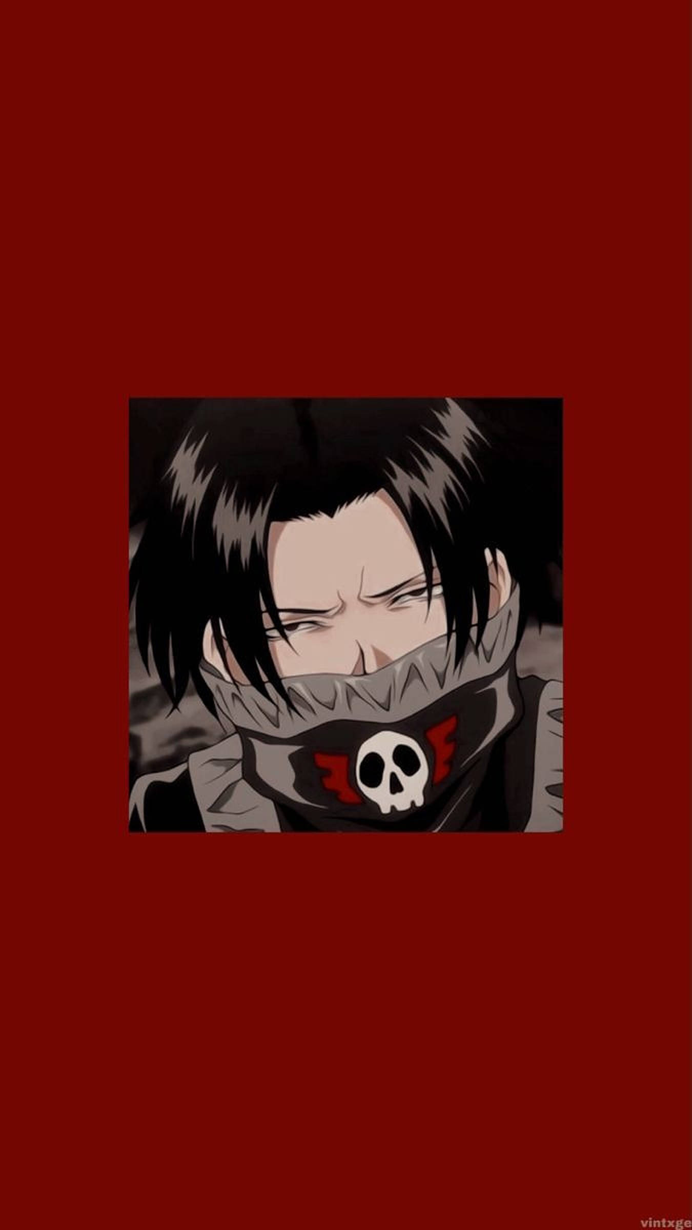 Feitan 动漫頭像 壁紙 — 一個決心堅定的動漫角色，黑髮，圍巾上有骷髏圖案，在深紅色背景下凝視著。