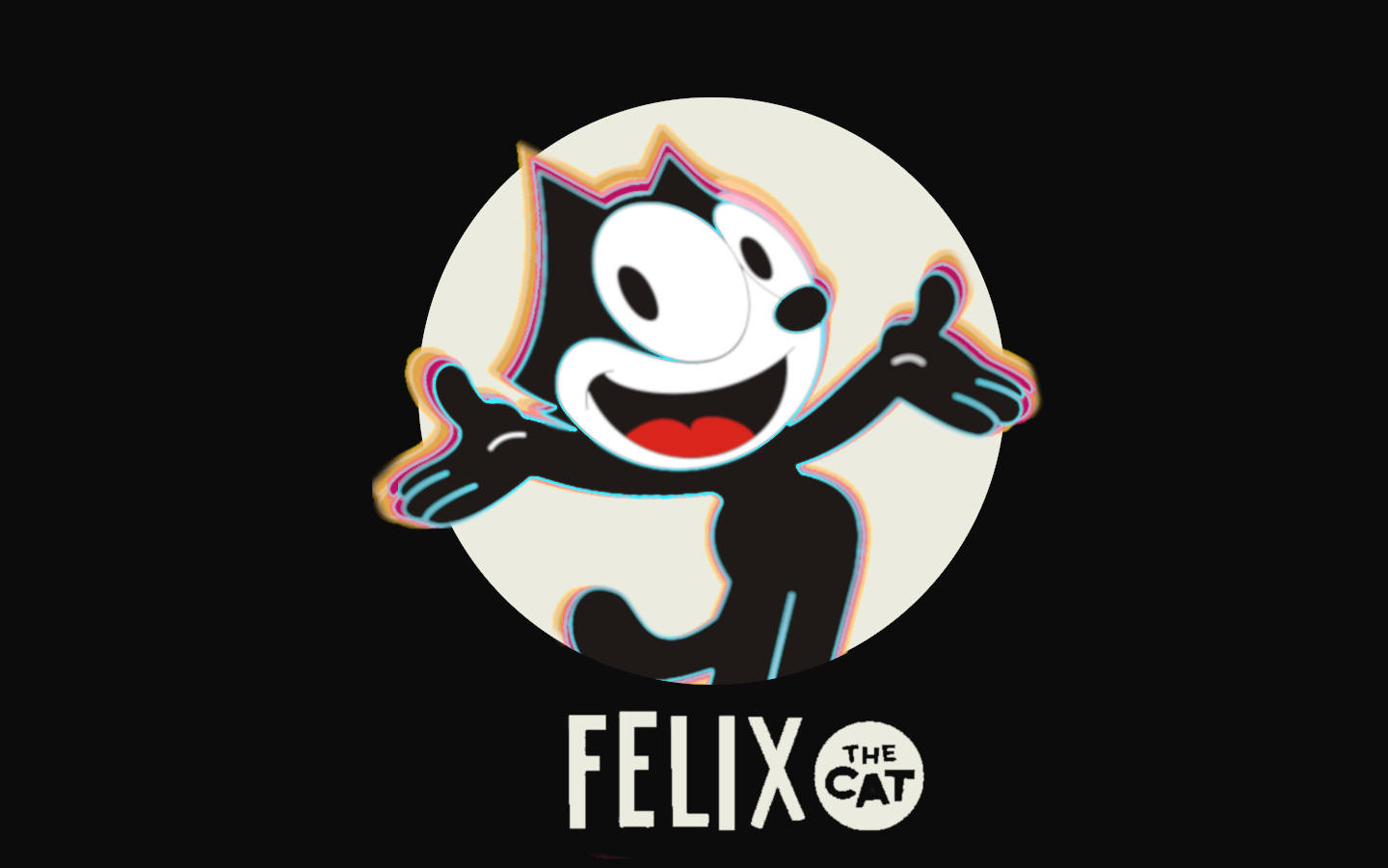 Felix the Cat 卡通角色微笑揮手，帶有彩虹故障效果。