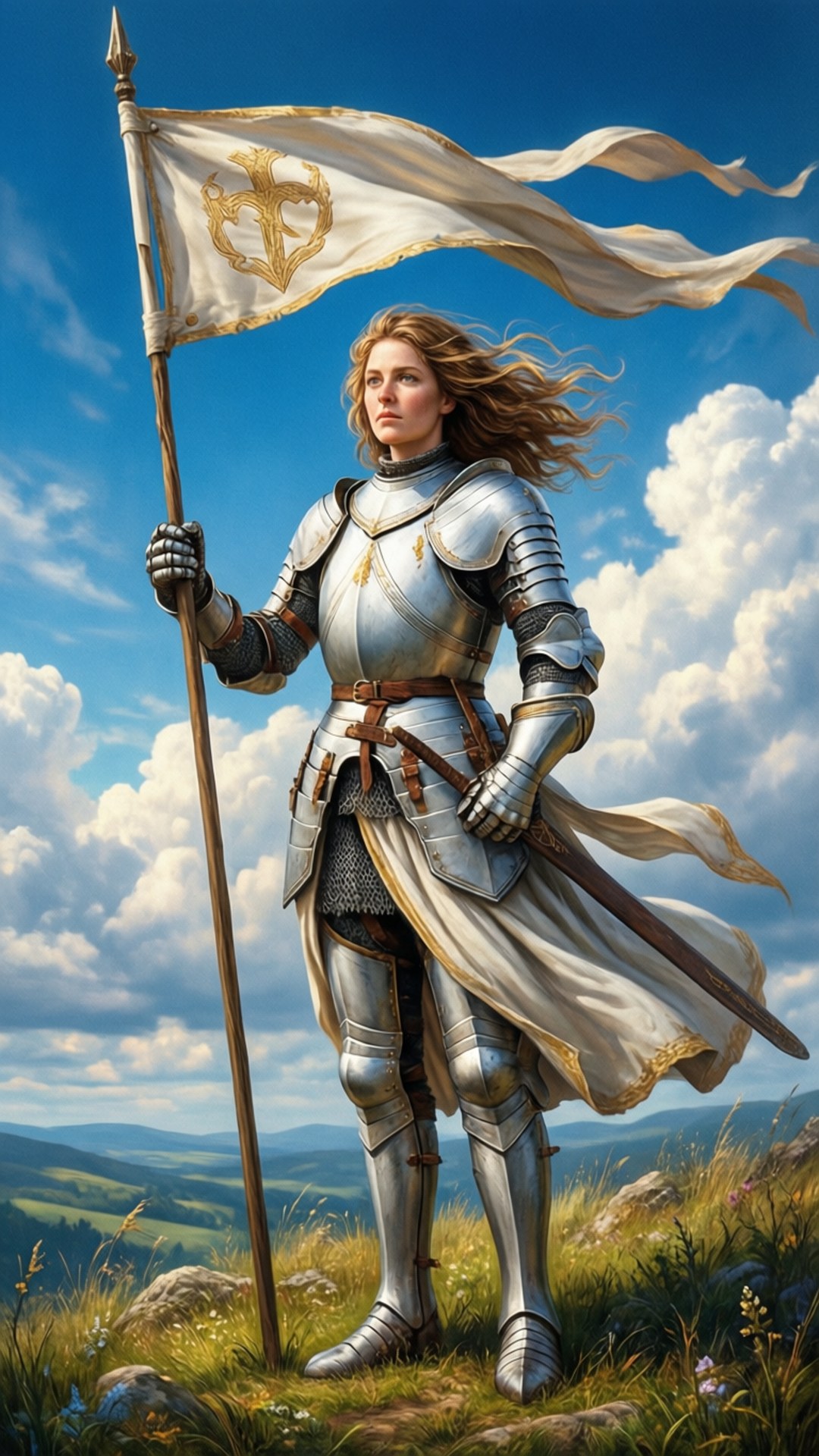 身穿銀色盔甲的女騎士在陽光明媚的山頂上手持白旗，風吹拂著。