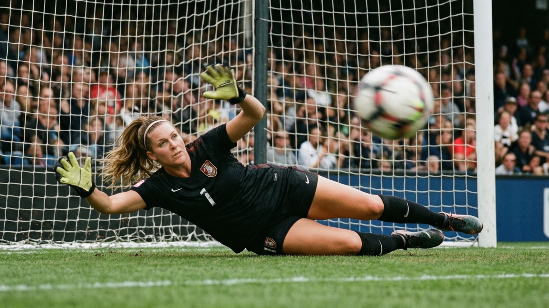 Alyssa Naeher 桌布 壁紙 — 一名女足球門員在草地上水平飛撲，阻擋靠近球門的球，背景有觀眾。