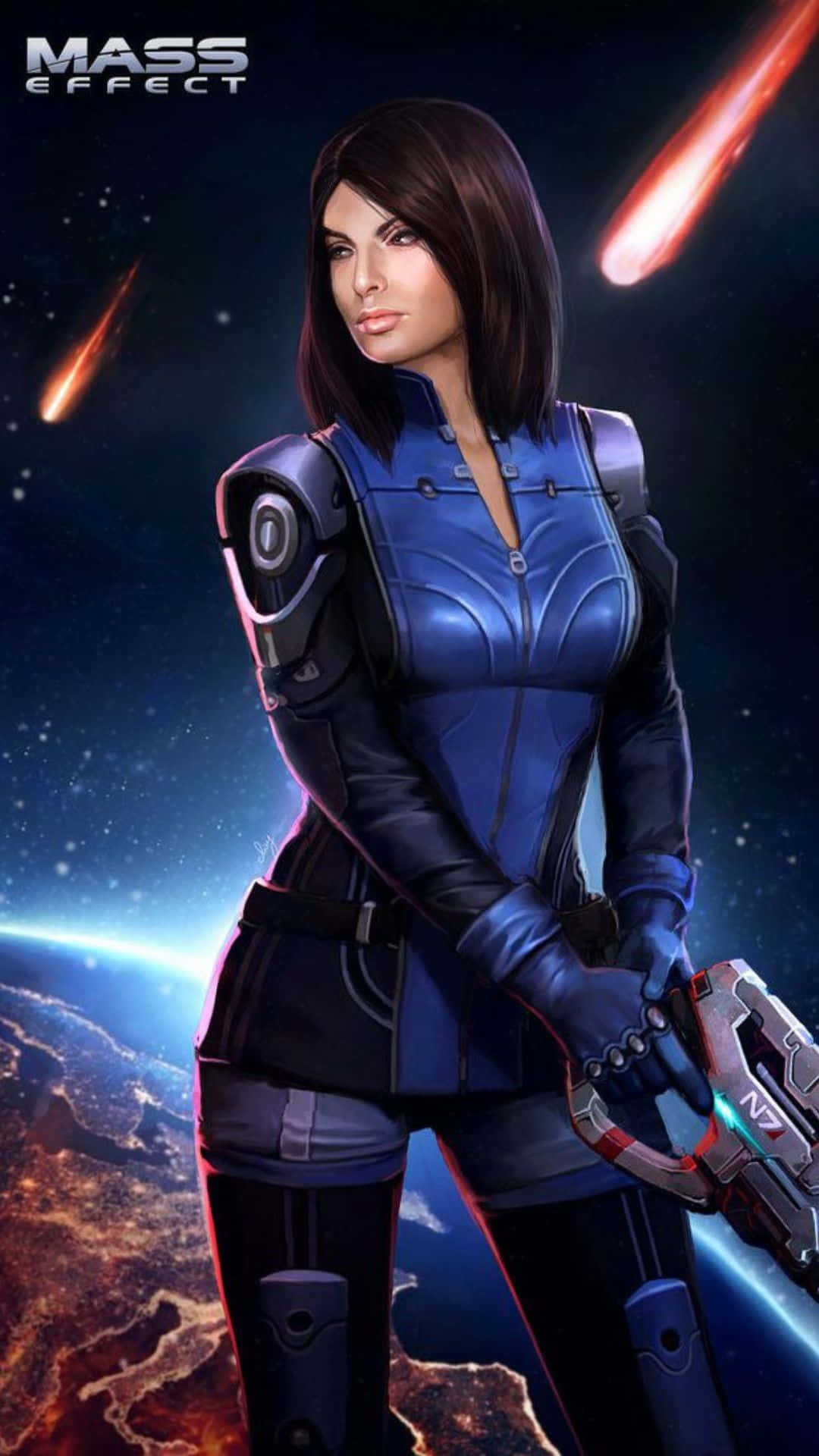 Ashley Williams 桌布 壁紙 — 一位身穿藍色盔甲的女戰士自信地站在宇宙背景前，背景中有發光的流星和一顆行星在下方。