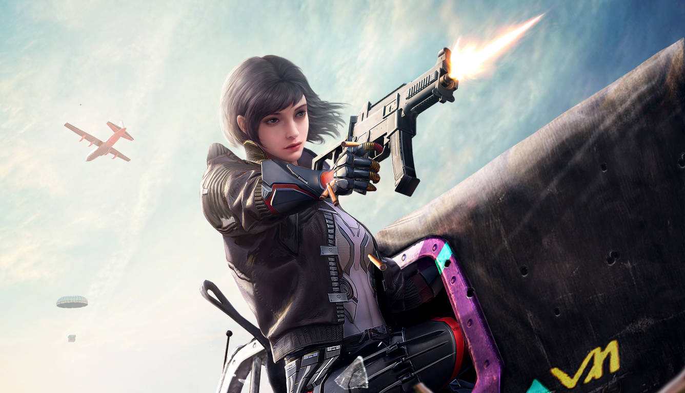 女兵從車輛發射武器，天空有飛機