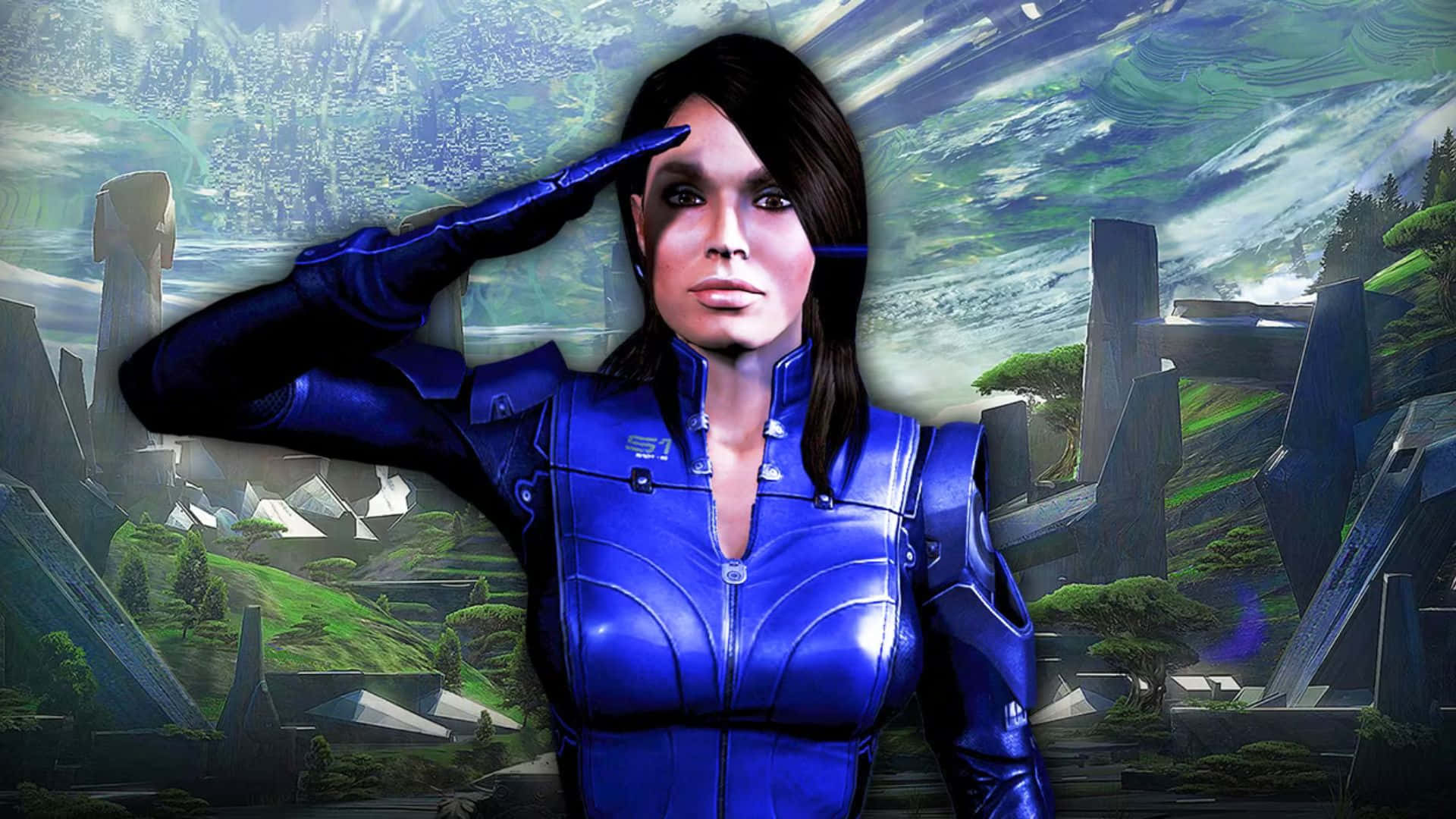 Ashley Williams 桌布 壁紙 — 一名身穿藍色裝甲服的女兵在異星遺跡和旋轉的綠色天空背景下敬禮。