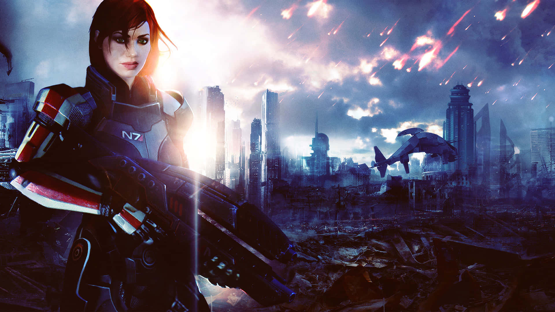 Mass Effect Femshep 桌布 壁紙 — 一名身穿未來裝甲的女兵在廢墟城市景觀中準備就緒，天空中有飛船，氣氛戲劇化。