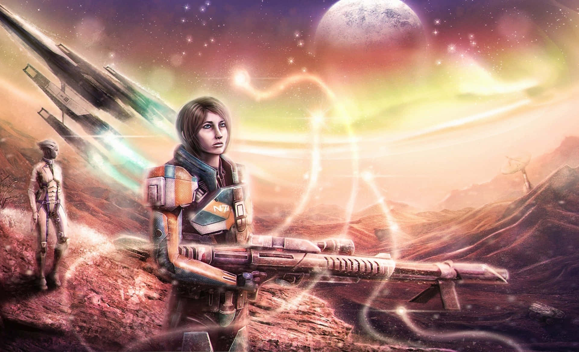 Mass Effect Femshep 桌布 壁紙 — 一位身穿未來裝甲的女戰士站在微紅的外星星球上，手持發光武器，背景有太空船和另一人物，在星空下。