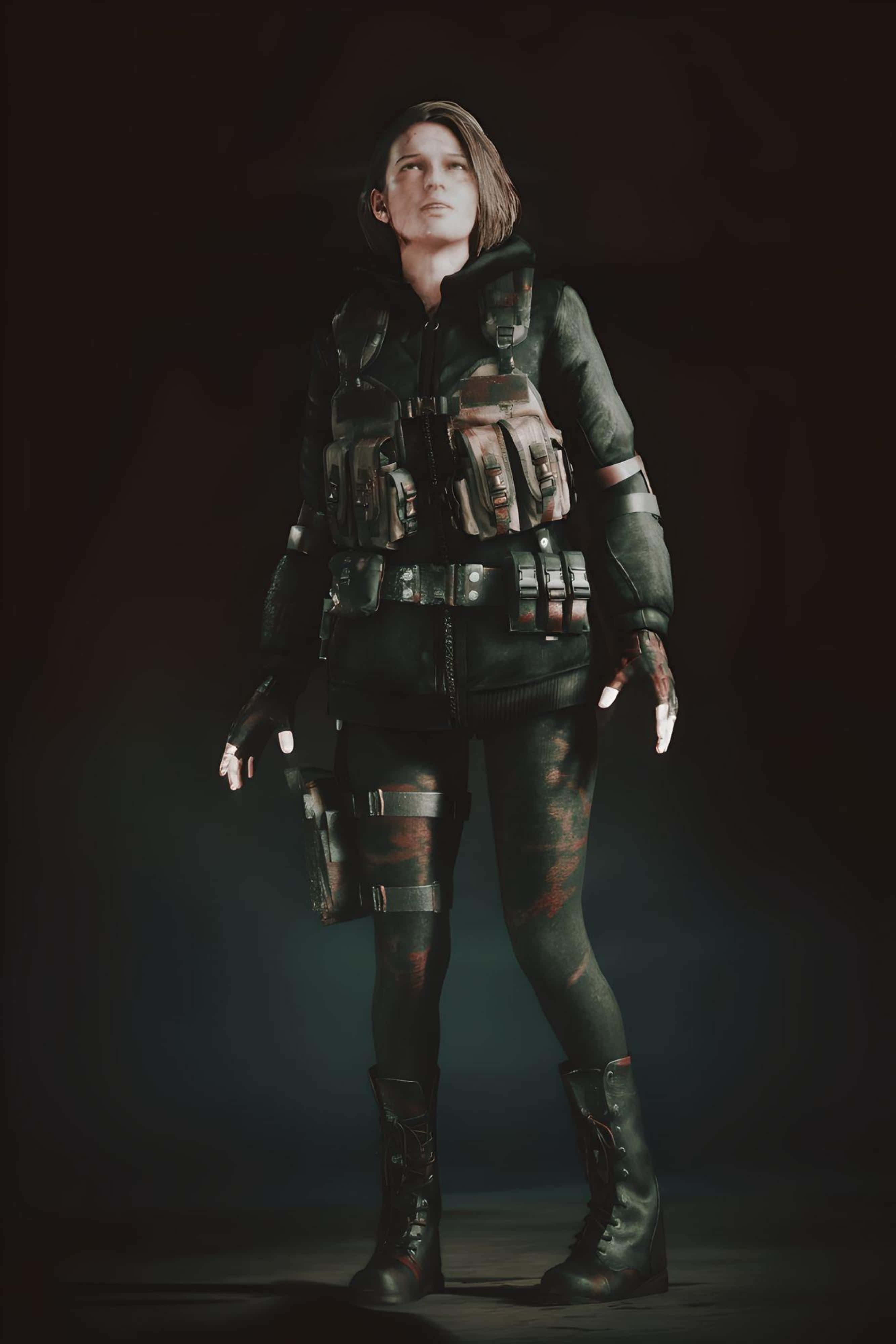 Resident Evil Hunk 桌布 壁紙 — 一名身穿戰術裝備的女兵在黑暗背景下蓄勢待發，戲劇性的燈光凸顯了她堅定的表情。