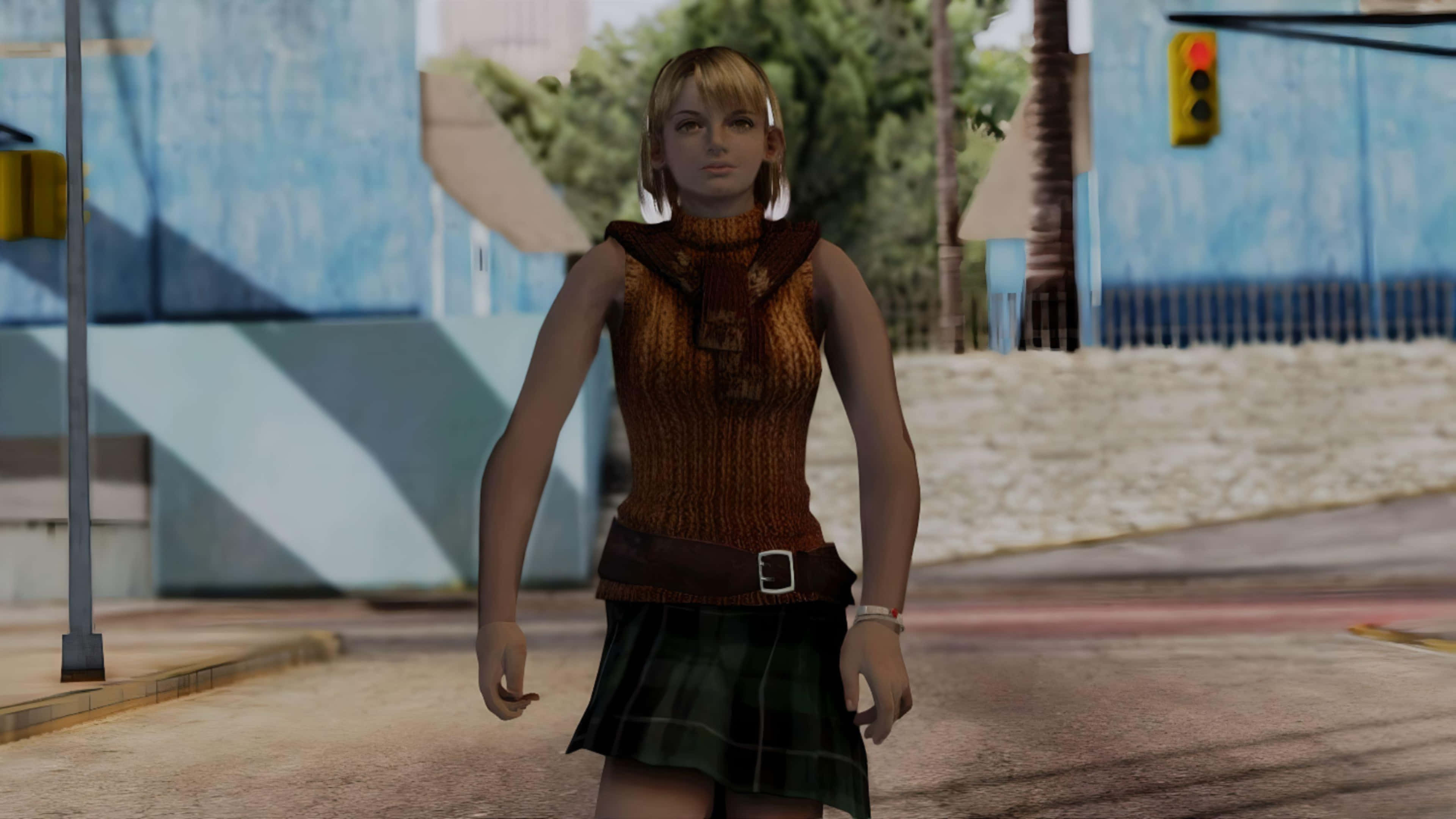 Resident Evil Ashley Graham 桌布 壁紙 — 一位身穿棕色上衣和格子裙的女性電子遊戲角色，在陽光明媚的都市街道上行走，街道上有棕櫚樹和交通燈。