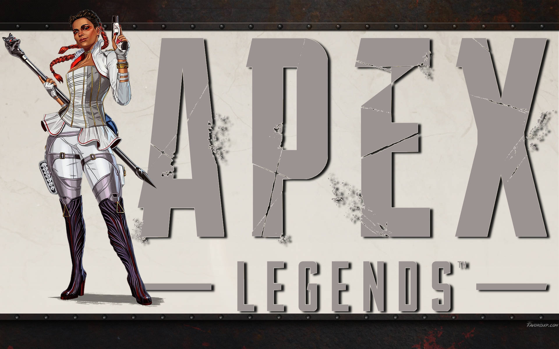 身穿白色裝備的女性Apex Legends角色，在破裂標誌旁手持武器。