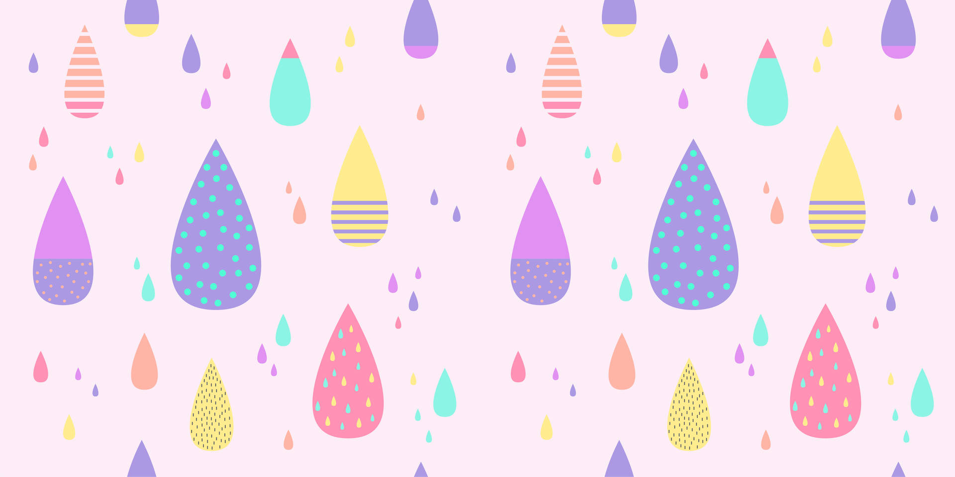 色彩繽紛的淚滴藝術設計 壁紙 — 粉彩色雨滴形狀帶有圖案，在柔和的粉紅色背景上漂浮，形成俏皮的重複設計。