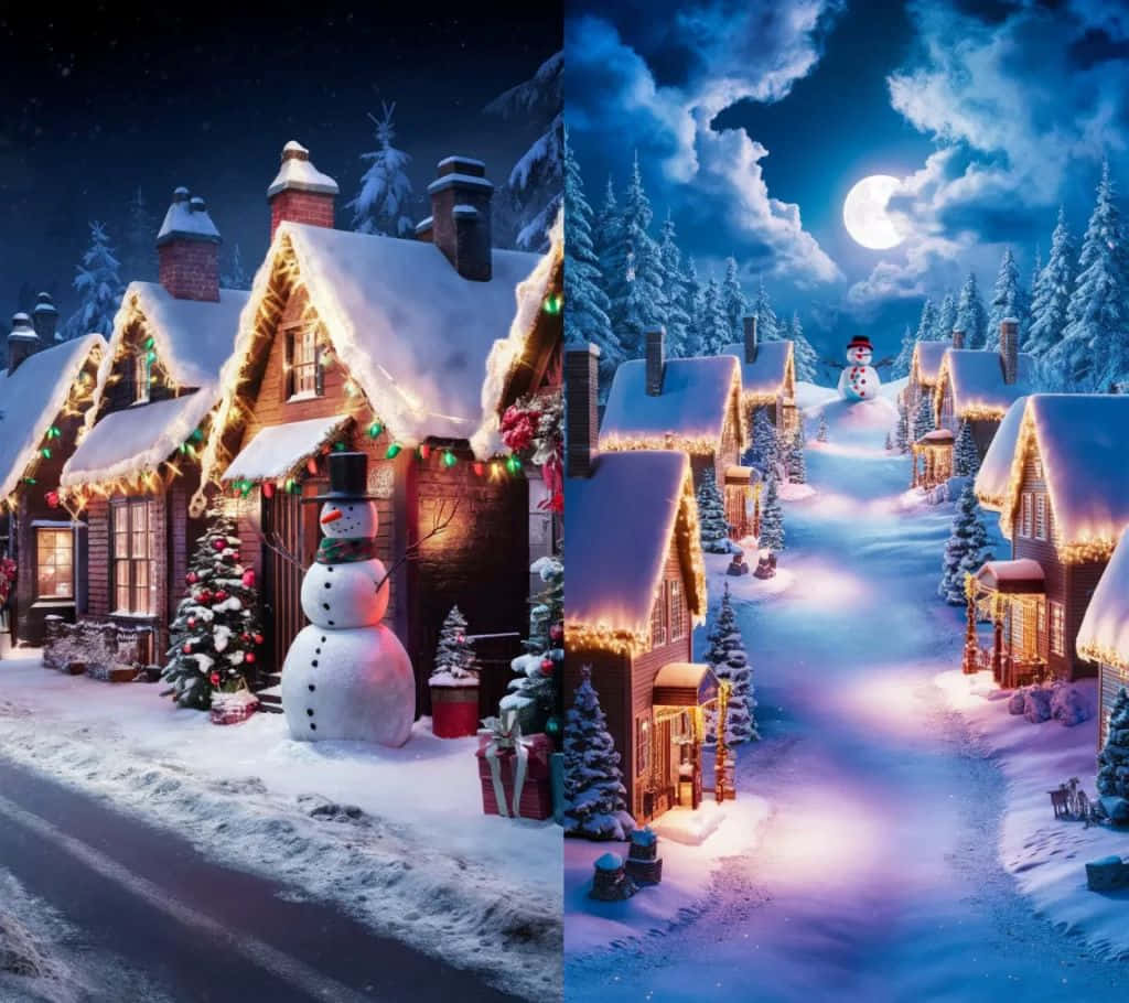  壁紙 — 一個分格的冬季場景展示了舒適的雪覆蓋小屋，帶有發光的燈光和雪人，在滿月的星空下。