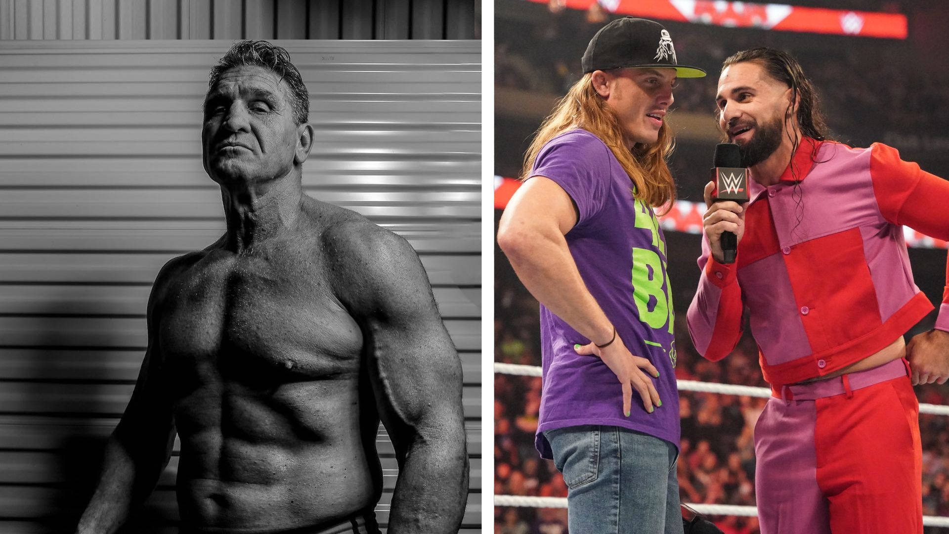 Ken Shamrock、Matt Riddle 與 Seth Rollins 壁紙 — 分割圖片：黑白肖像，肌肉男在條紋牆前，以及兩名WWE摔角手在擂台上手持麥克風。