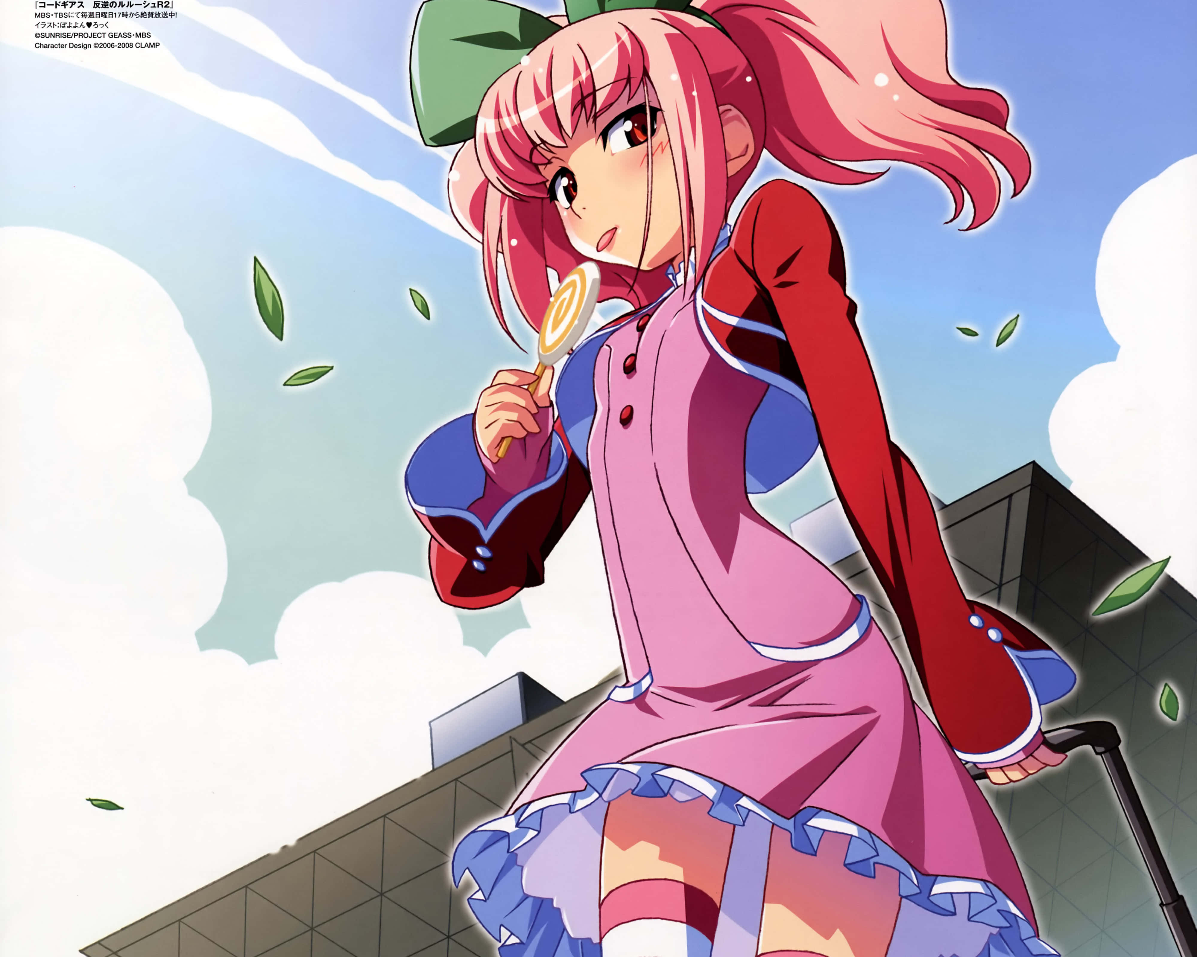 Anya Alstreim 桌布 壁紙 — 一個粉紅色頭髮的動漫女孩，穿著粉紅色和藍色的連衣裙，站在屋頂上，背景是明亮的天空和飄浮的樹葉，手裡拿著棒棒糖。