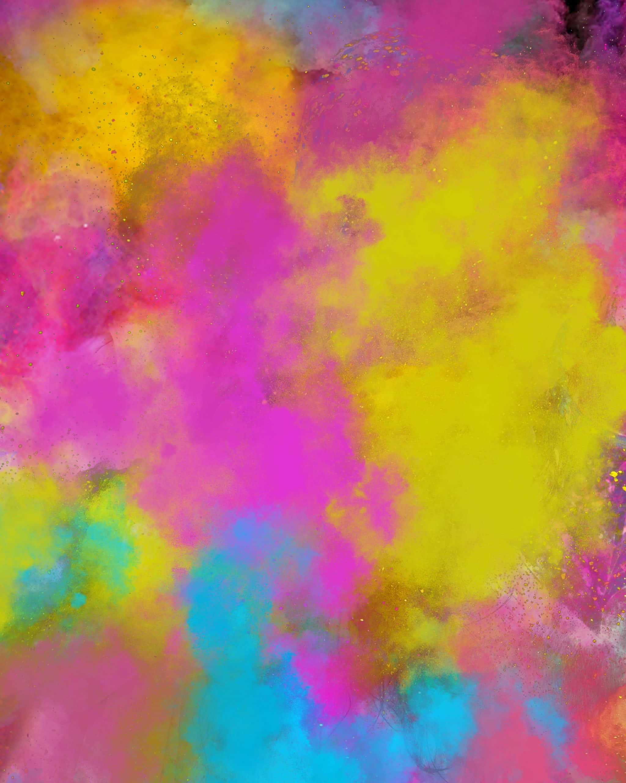 colors 桌布 壁紙 — 粉紅、黃色和藍色粉末的鮮豔雲朵在黑暗背景上爆炸出混亂的色彩。