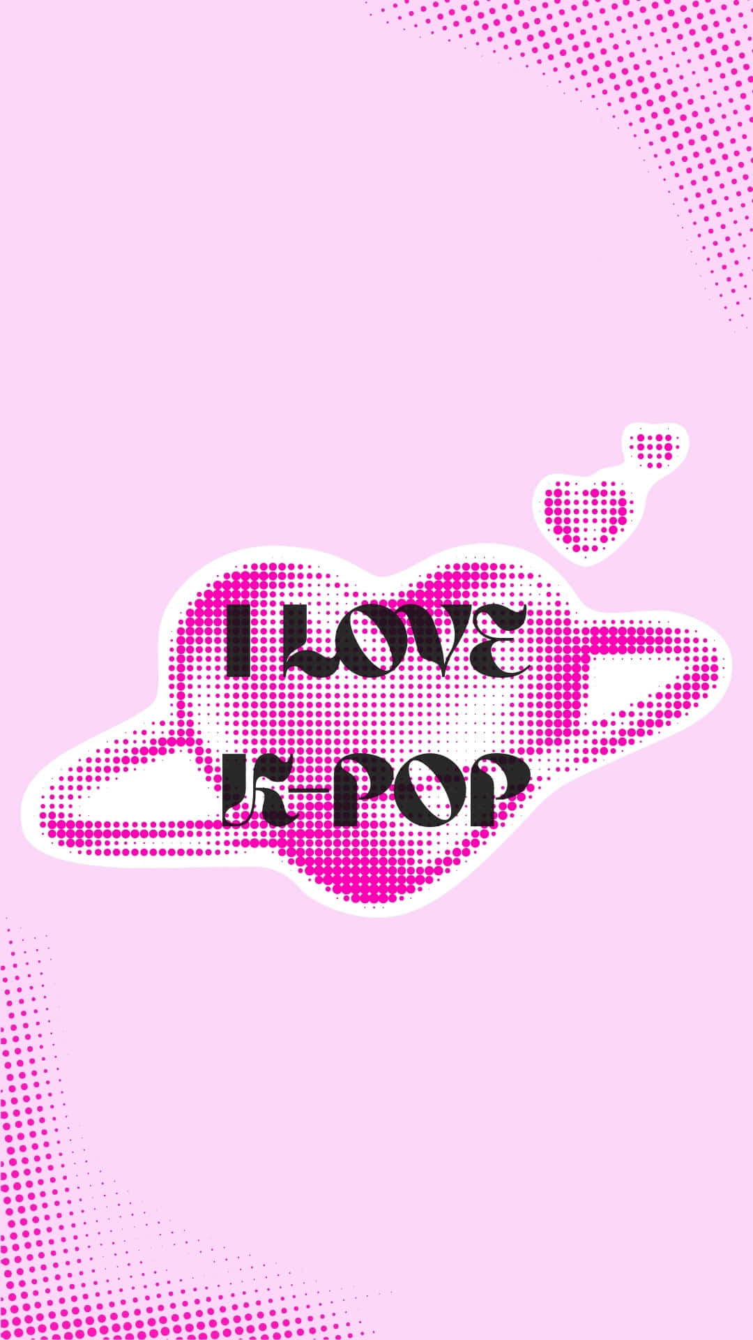  壁紙 — 一個粉紅色半色調星球，上面有「I LOVE K-POP」文字和漂浮的心形，背景為粉彩粉紅色。