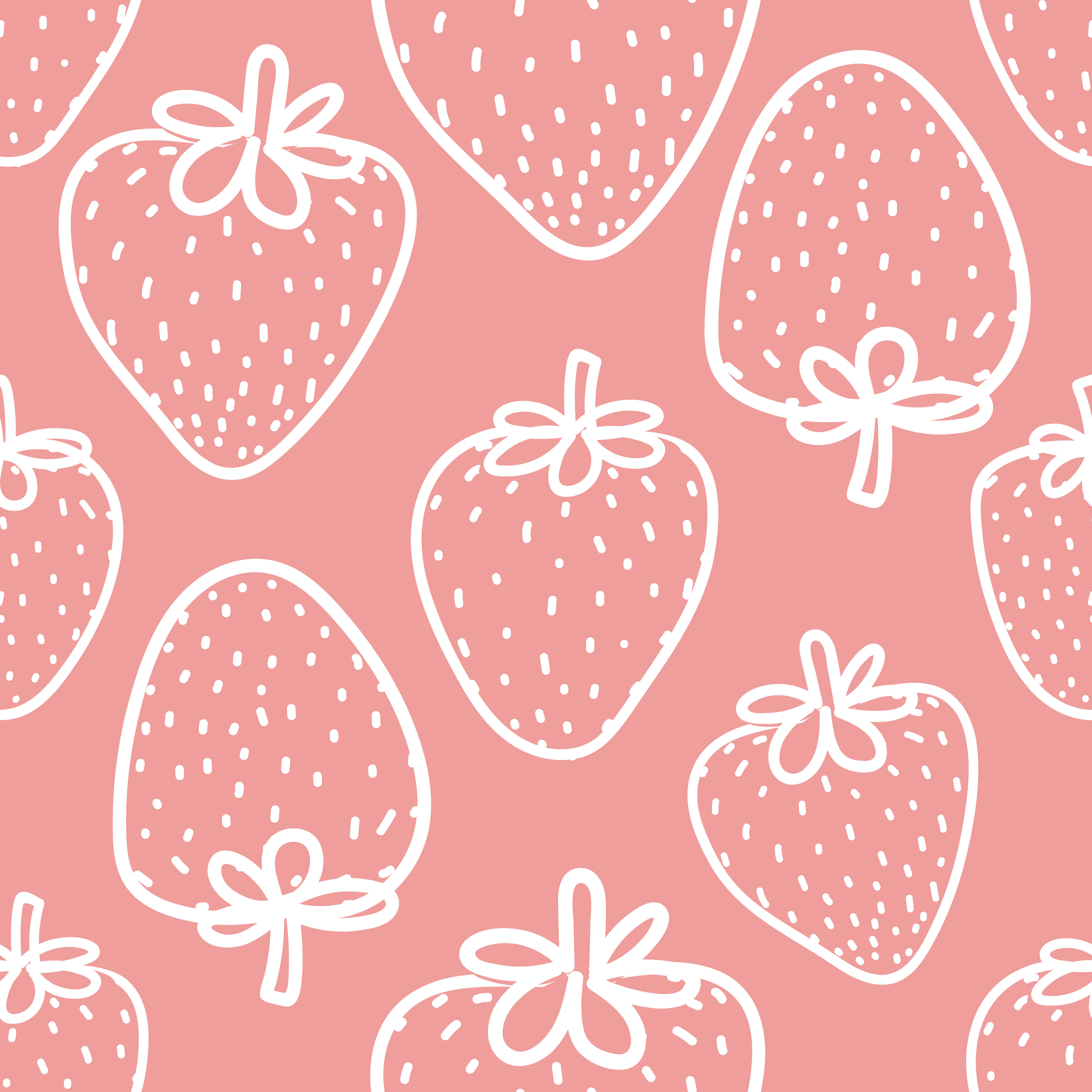 Cute Strawberry 桌布 壁紙 — 粉紅色背景，帶有白色輪廓的草莓重複圖案。