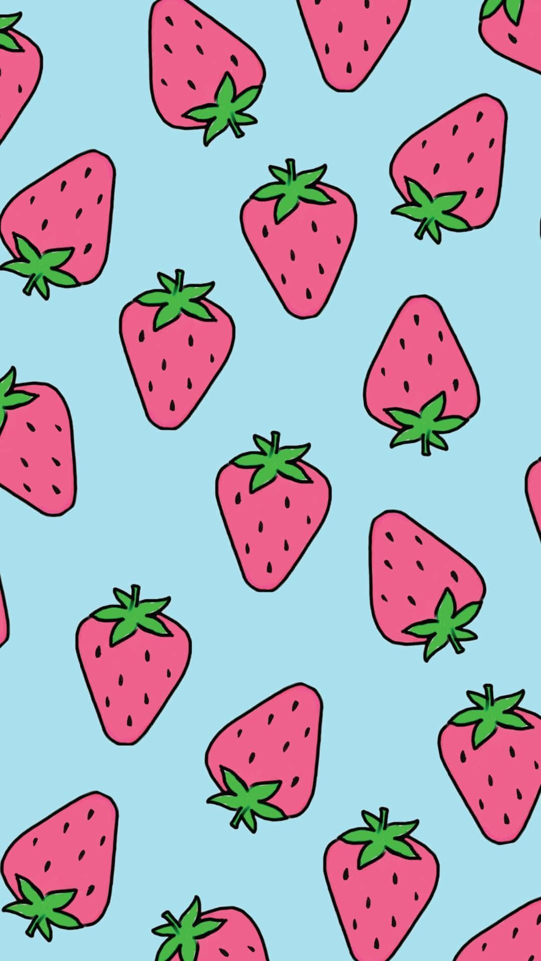 Cute Strawberry 桌布 壁紙 — 粉紅色的士多啤梨配綠色葉子，在淺藍色背景上以俏皮的重複圖案漂浮。