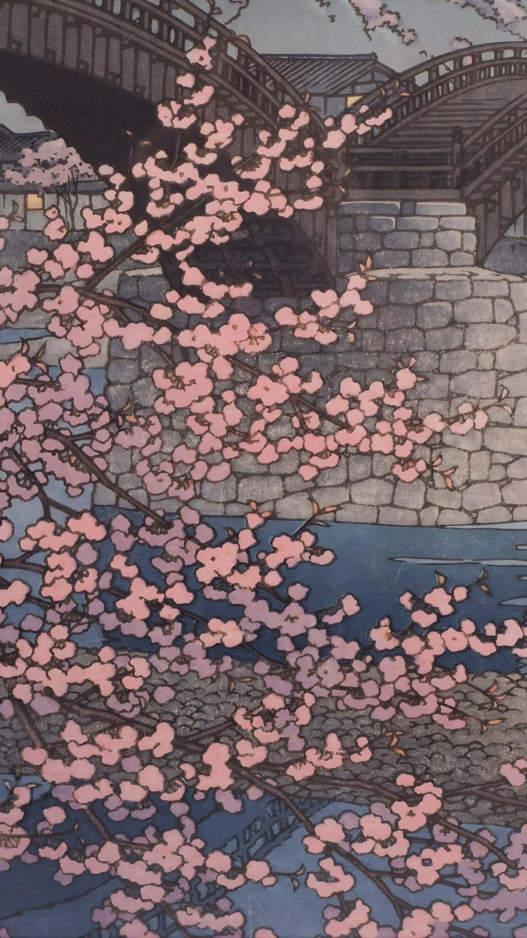  壁紙 — 粉紅色的櫻花如瀑布般落在傳統日本木版畫風格的石橋上，石橋拱跨在平靜的藍色水面上。