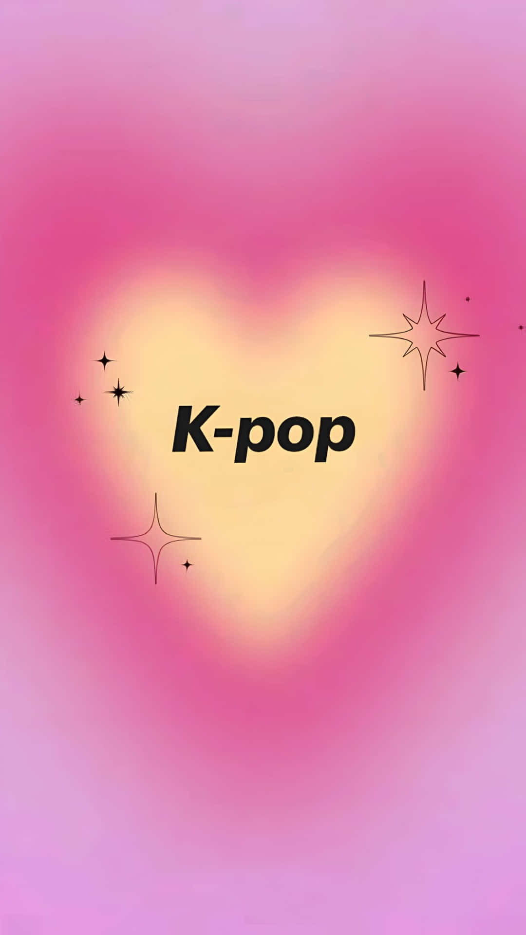  壁紙 — 粉紅色漸變背景上，一個發光的心形，周圍環繞著星星和「K-pop」文字。