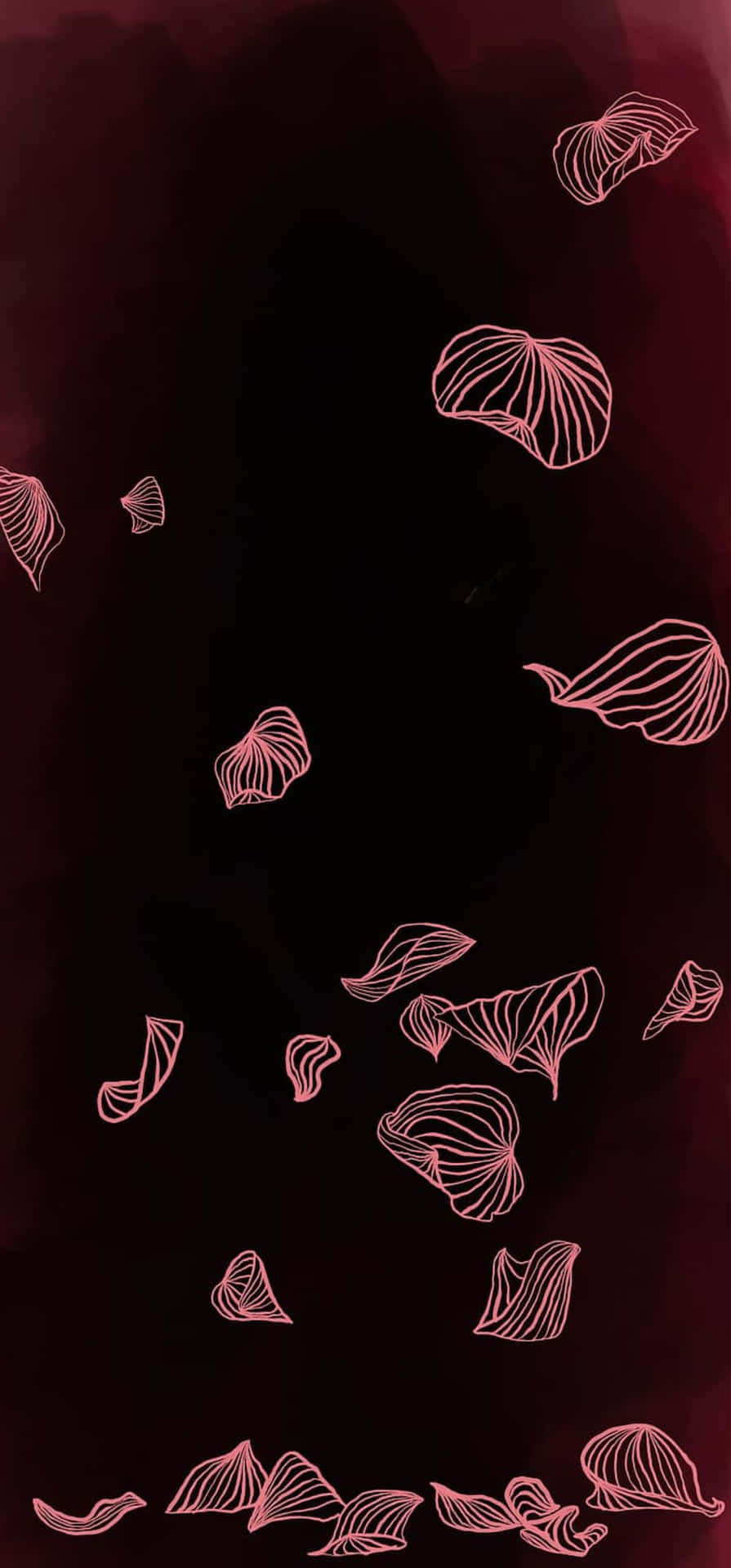 粉紅色輪廓花瓣在深栗色漸變背景中漂浮。 — 粉紅色 iPhone 壁紙
