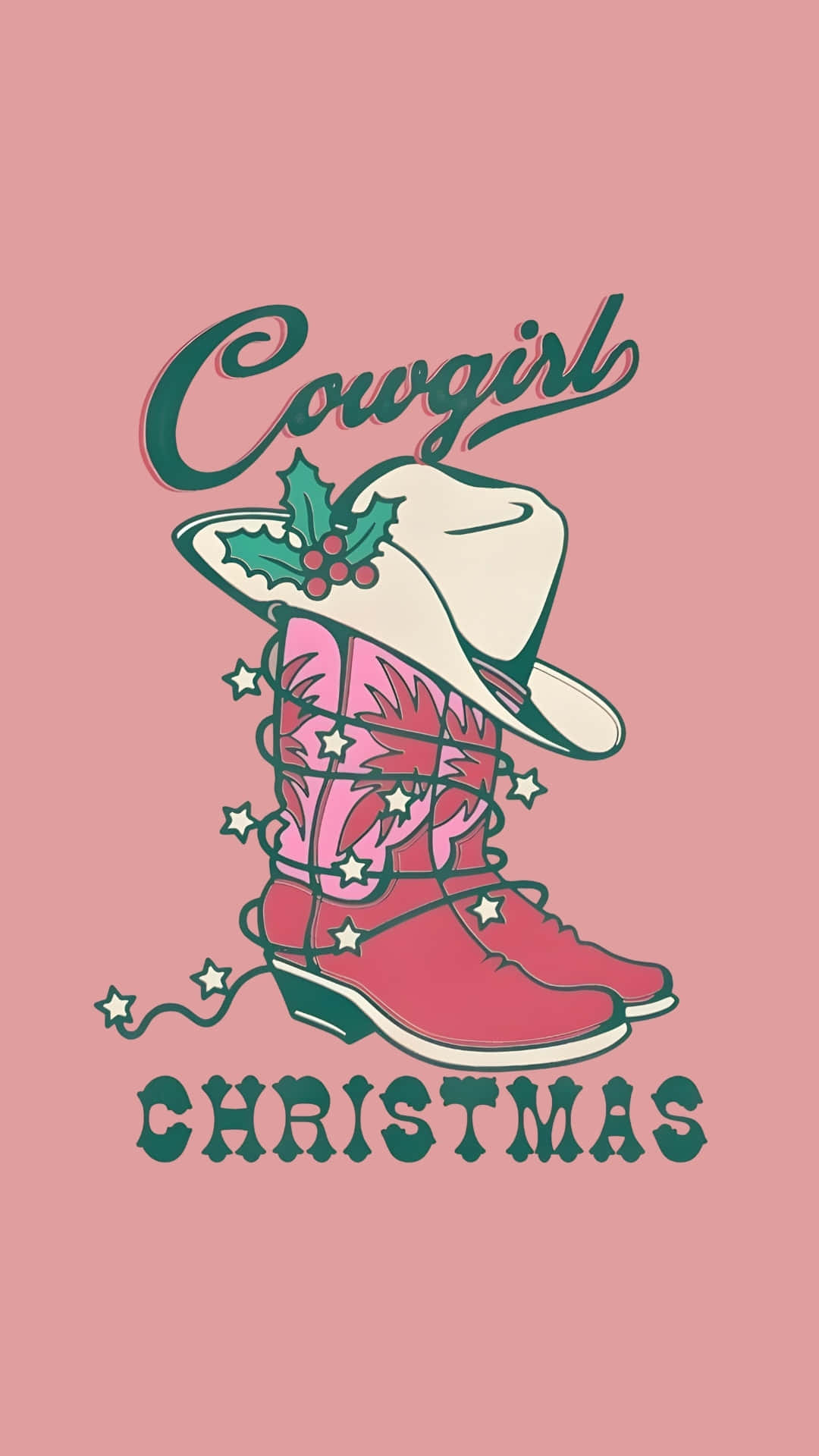  壁紙 — 粉紅色牛仔靴飾有星星燈和冬青，放在一頂寫有「Cowgirl Christmas」字樣的牛仔帽下，背景為柔和粉紅色。