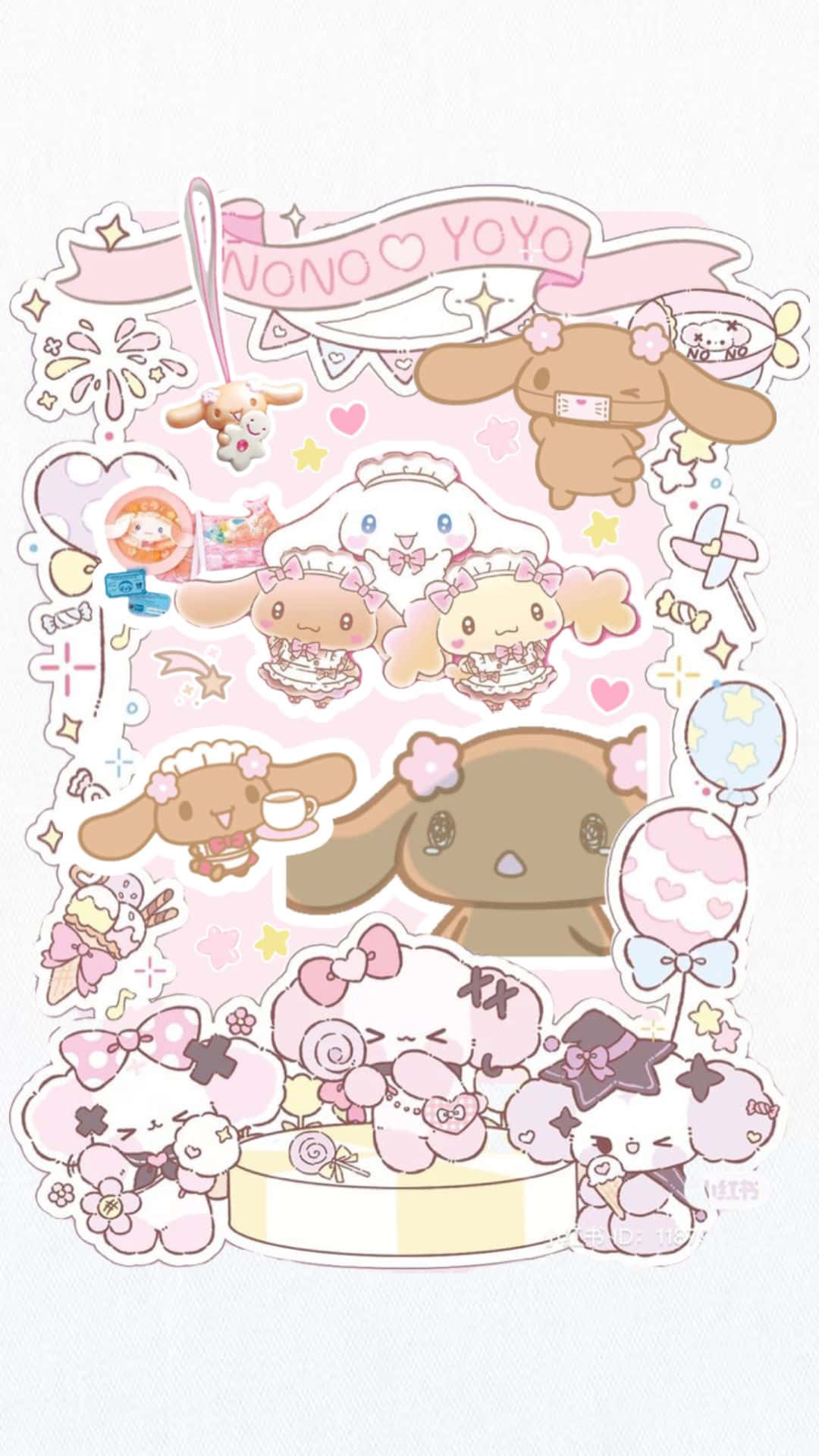  壁紙 — 粉紅色柔和拼貼畫，包含 Cinnamoroll 和 My Melody 等可愛 Sanrio 角色，以貼紙風格呈現，配有蝴蝶結、心形和氣球。