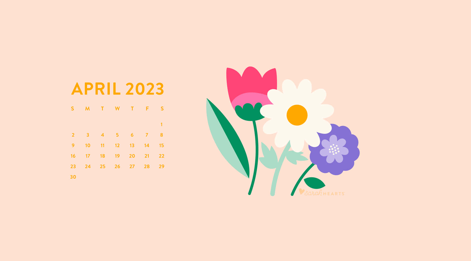 2023年4月日曆，柔和背景上配有粉紅、白色和紫色花朵
