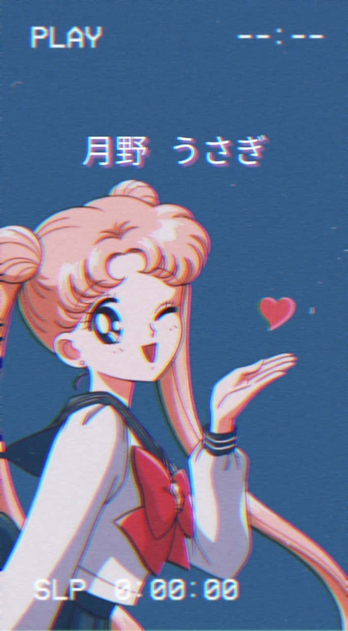  壁紙 — 粉紅色頭髮、穿著水手服的動畫女孩微笑著，手持一顆漂浮的心，背景是深藍色的故障效果。