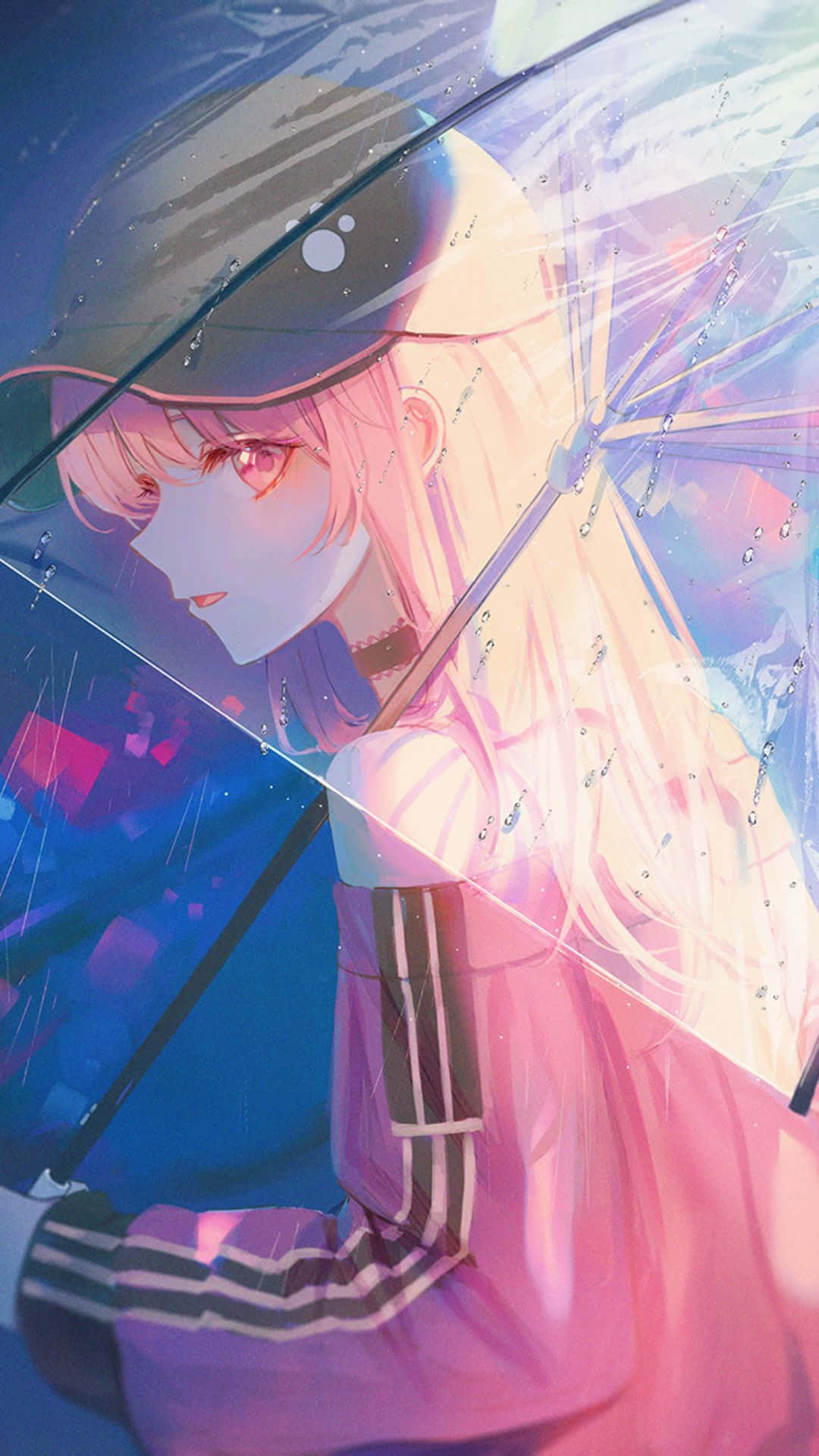  壁紙 — 一位粉紅色頭髮的動漫女孩，眼睛發光，拿著透明雨傘，雨滴穿過鮮豔的霓虹燈。