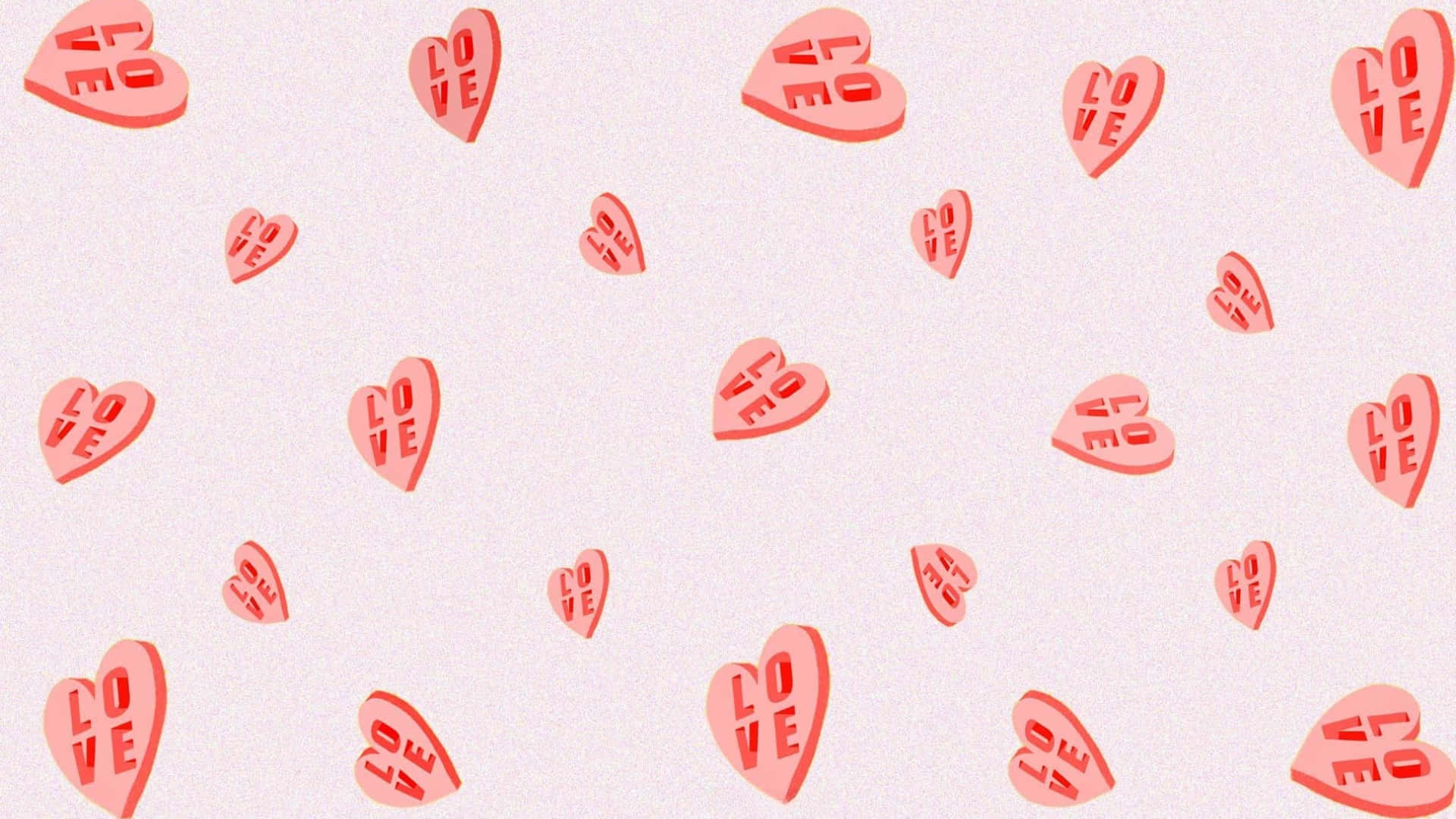  壁紙 — 粉紅色心形糖果，上面有「LOVE」字樣，在柔軟的紋理背景上以俏皮的散落圖案漂浮。