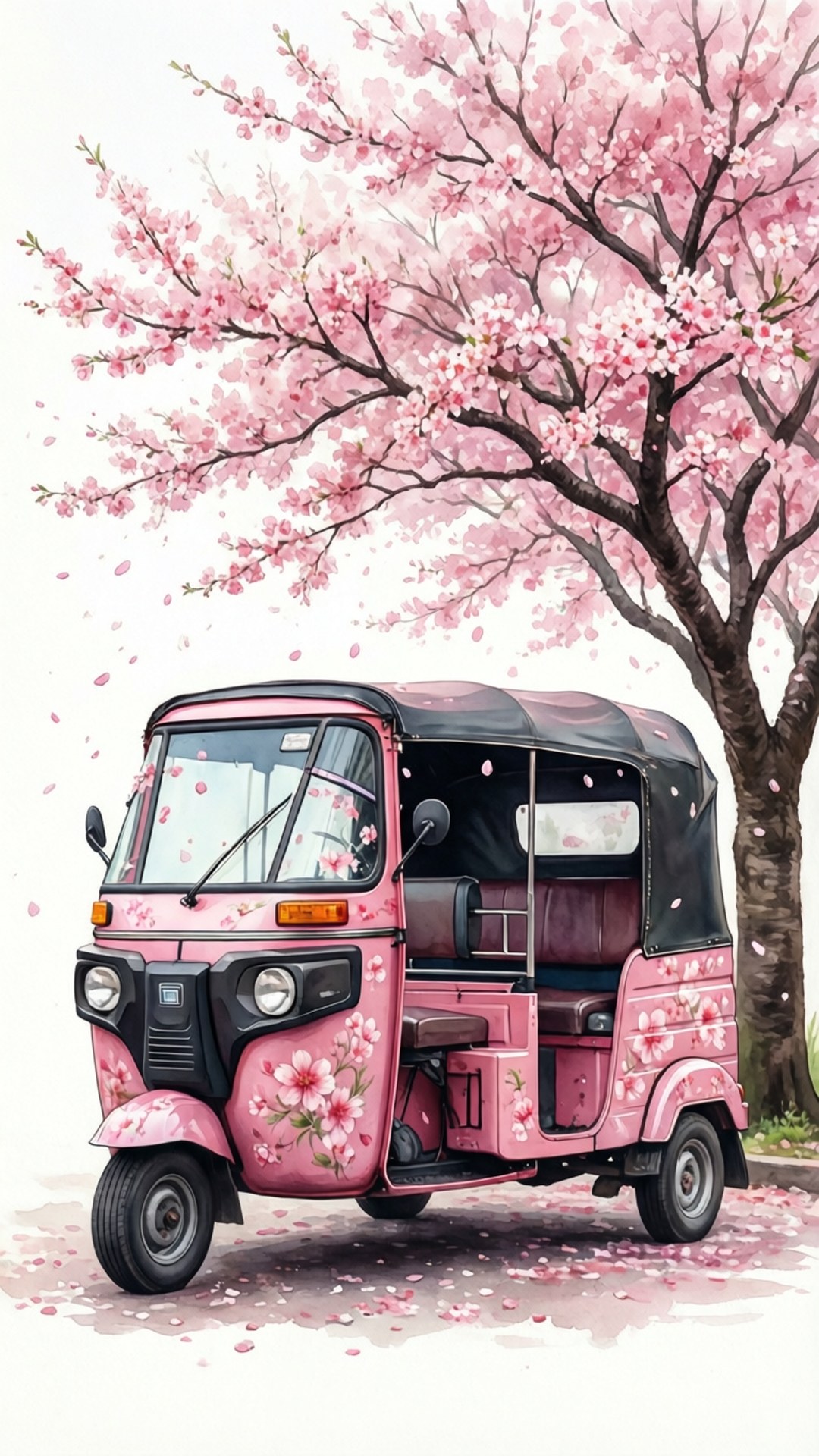 粉紅色自動人力車在櫻花樹下，花瓣飄落