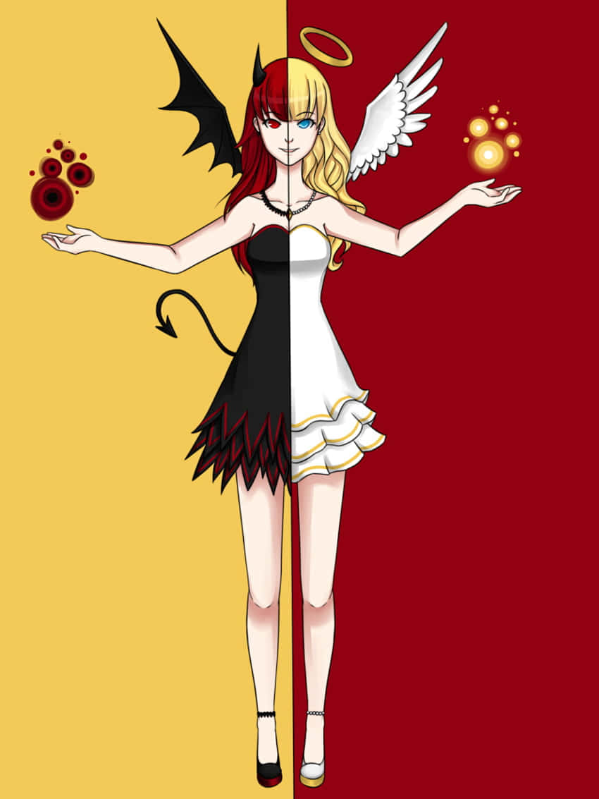  壁紙 — 一個分裂的動漫女孩，黃色一側是惡魔半邊，紅色一側是天使半邊，手持對比鮮明的球體。