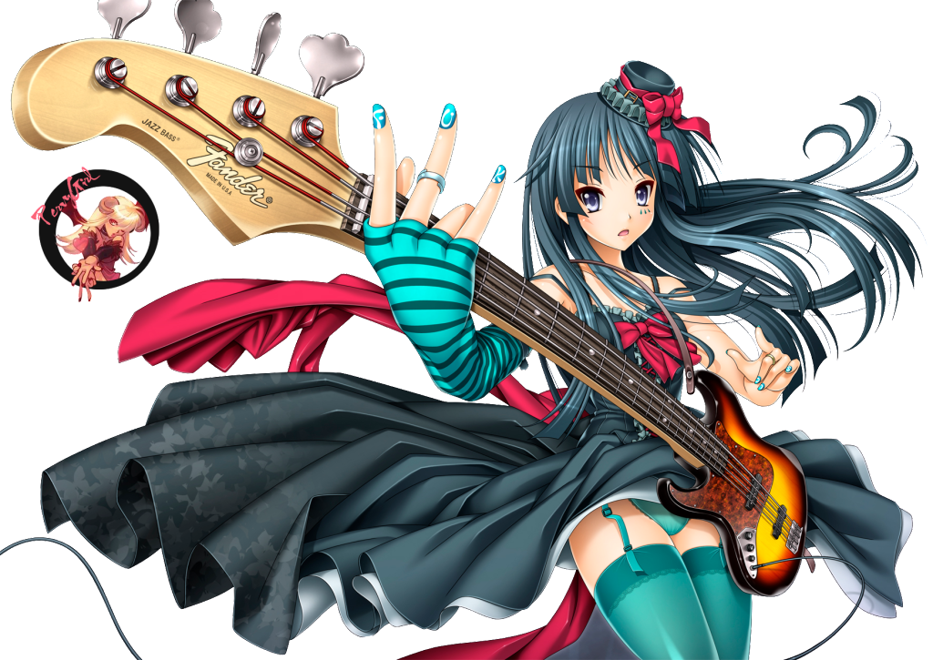 動漫女孩彈奏Fender貝斯 壁紙 — 動畫女孩，擁有藍綠色頭髮和紅色蝴蝶結，穿著飄逸裙子，以戲劇性姿勢彈奏Fender爵士貝斯結他。