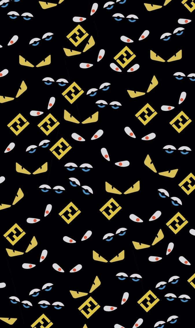 Fendi - 一個傳奇時尚品牌 壁紙 — 黑色牆紙圖案，重複出現黃色Fendi標誌和白色、藍色、紅色的風格化眼睛。
