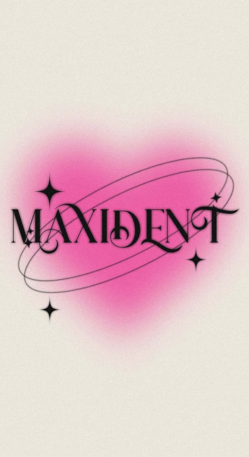  壁紙 — 一個風格化的黑色文字標誌，上面寫著 MAXIDENT，背景是柔和的粉紅色心形漸變，帶有環繞的線條和閃爍的星星。
