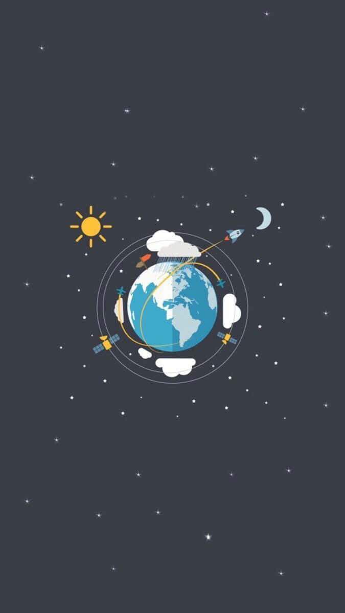  壁紙 — 一個風格化的藍色地球，被衛星和火箭環繞，背景是繁星點點的深灰色天空，有太陽、月亮和雲朵。