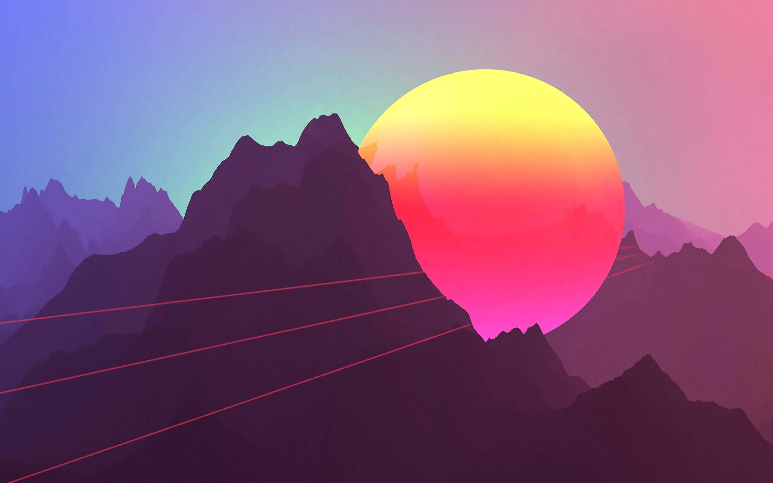 Sunset Painting 桌布 壁紙 — 風格化的日落，紫色山脈上方有巨大的漸變太陽和發光的紅色激光束。