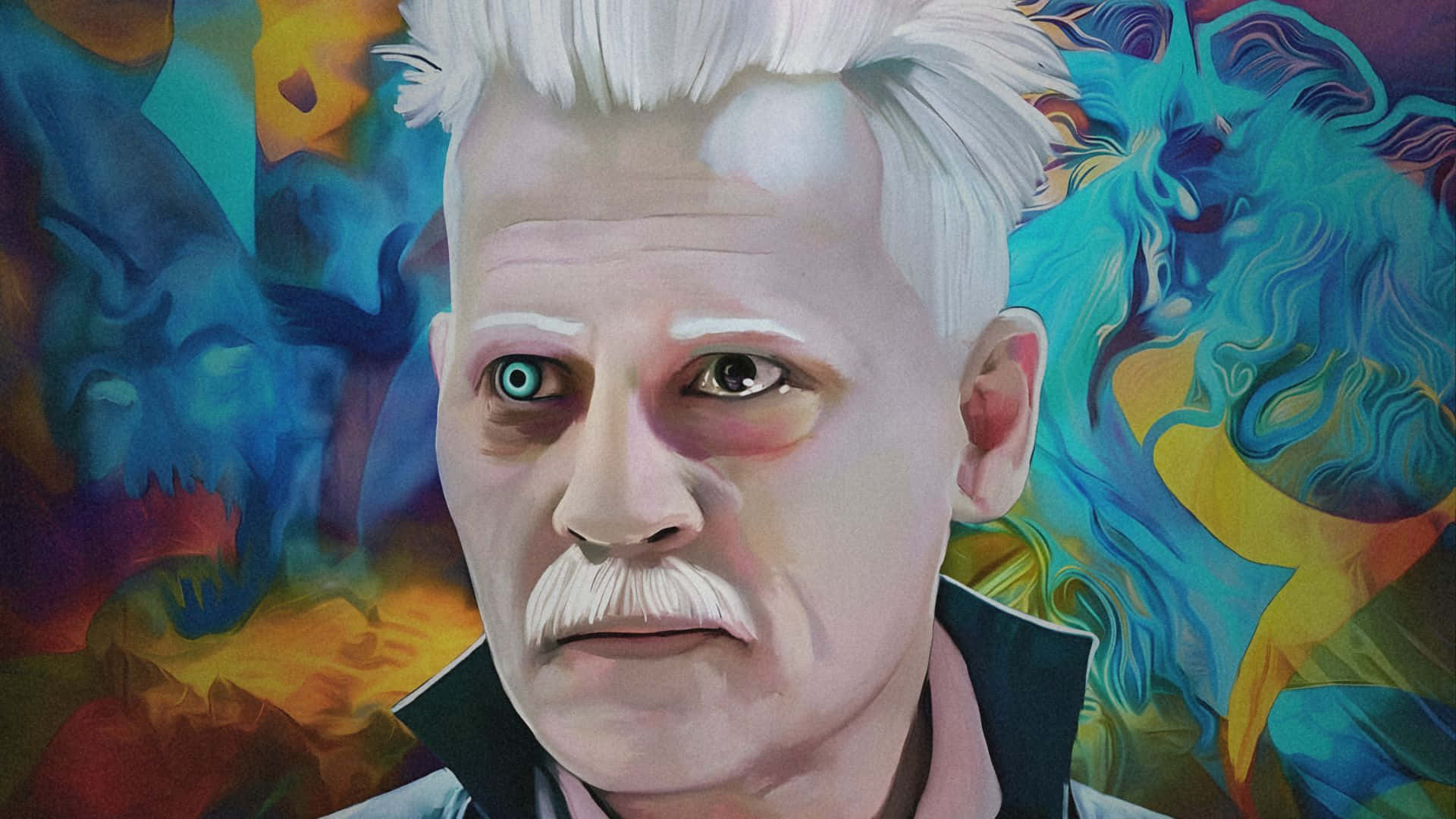  壁紙 — 一幅風格化的肖像畫，描繪一位白髮、留鬍子的男士，背景是藍色、黃色和紅色交織的漩渦抽象圖案。