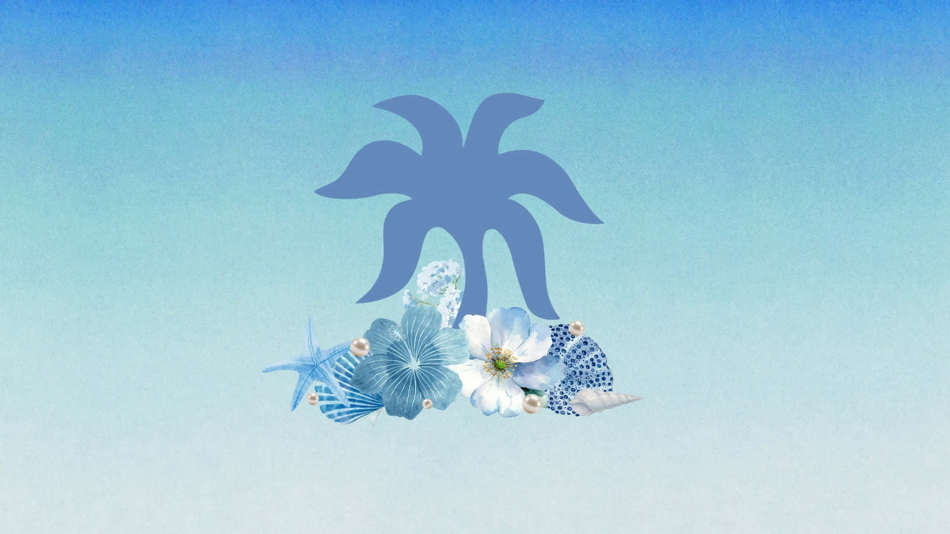  壁紙 — 風格化的棕櫚樹剪影和海灘植物漂浮在柔和的漸變藍色天空上。