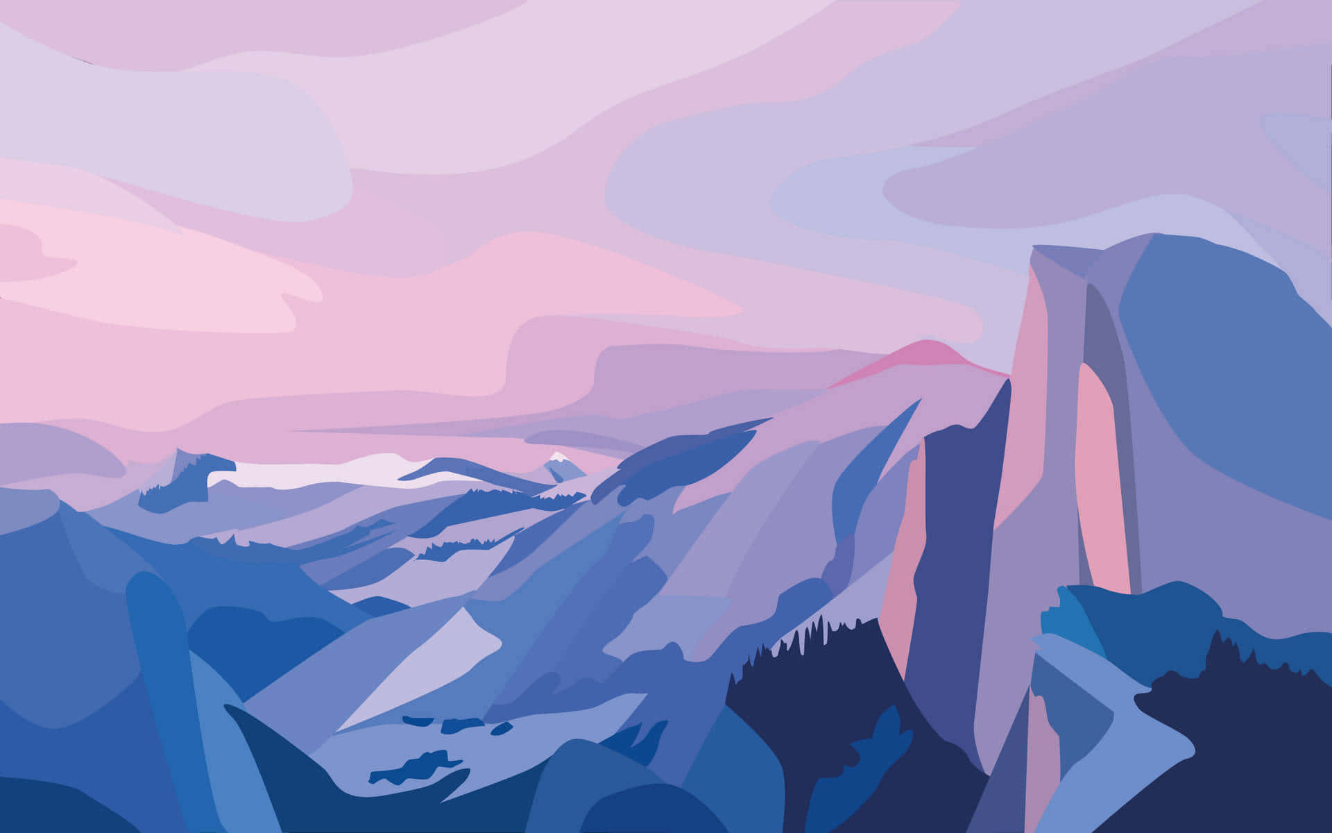 Abstract Landscape 桌布 壁紙 — 在柔和粉紅和藍色調下，沐浴在粉彩天空中的風格化山脈。