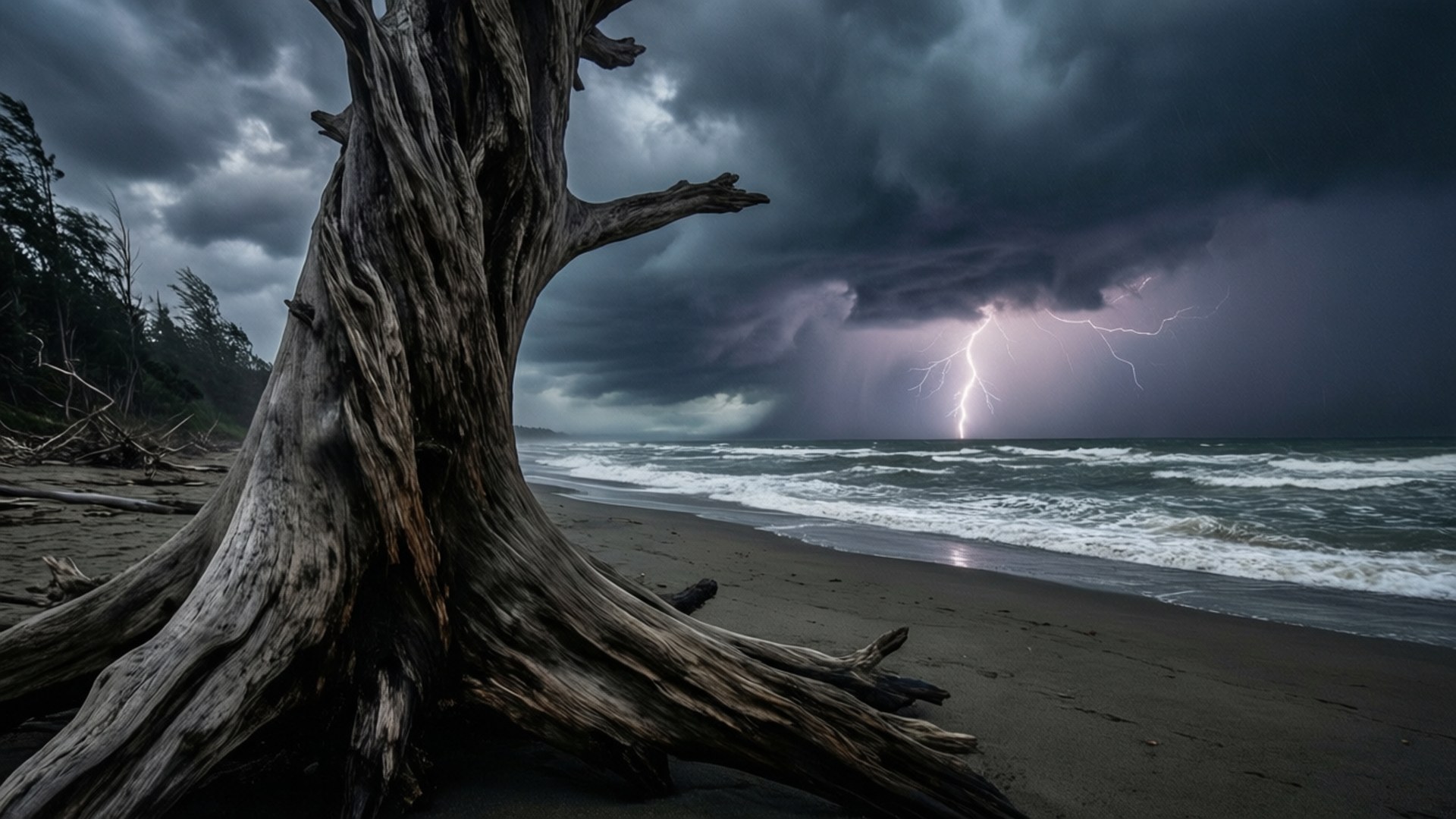 暴風雨海灘上的枯樹，海上閃電