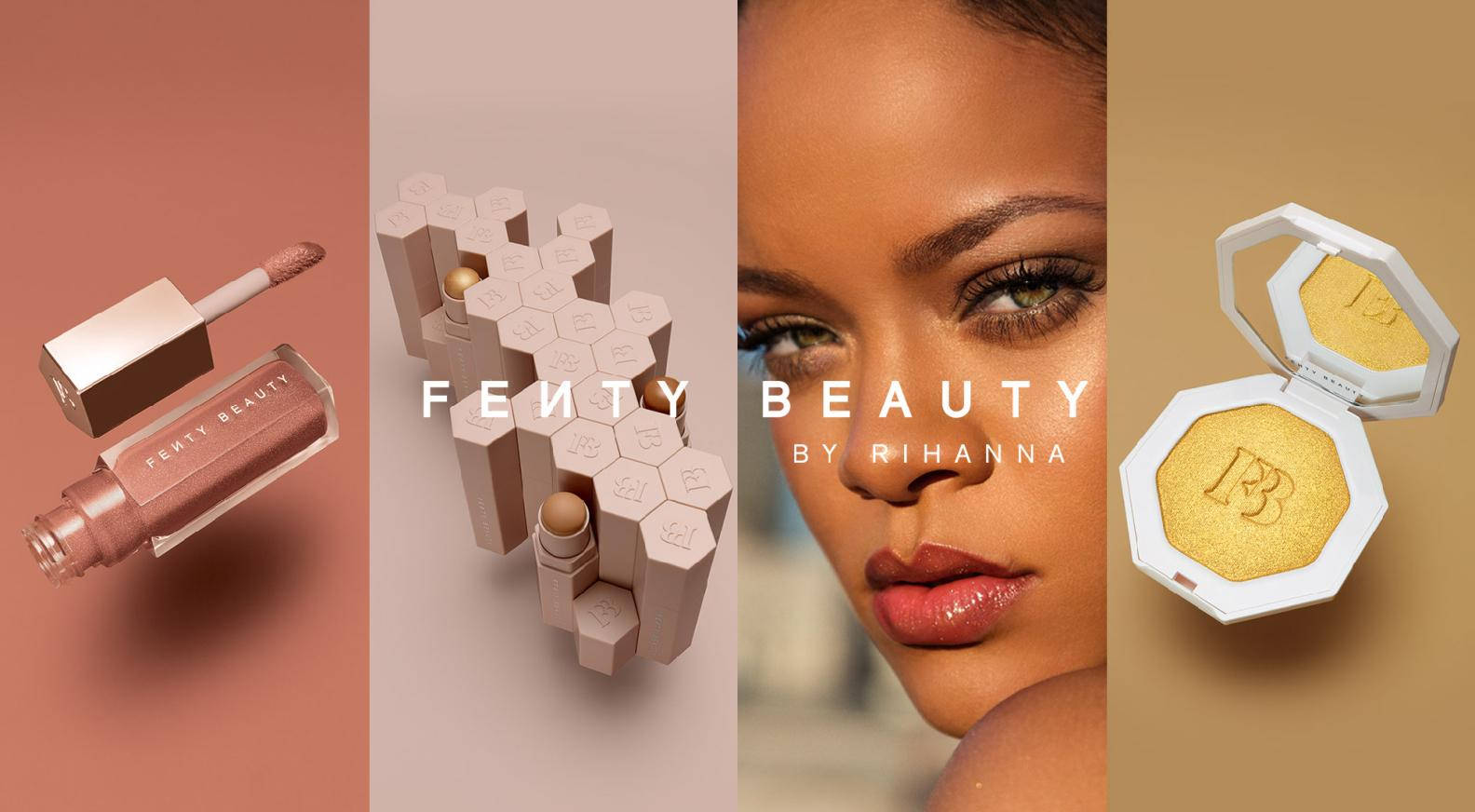 Fenty Beauty化妝品和Rihanna的臉部在促銷佈局中。