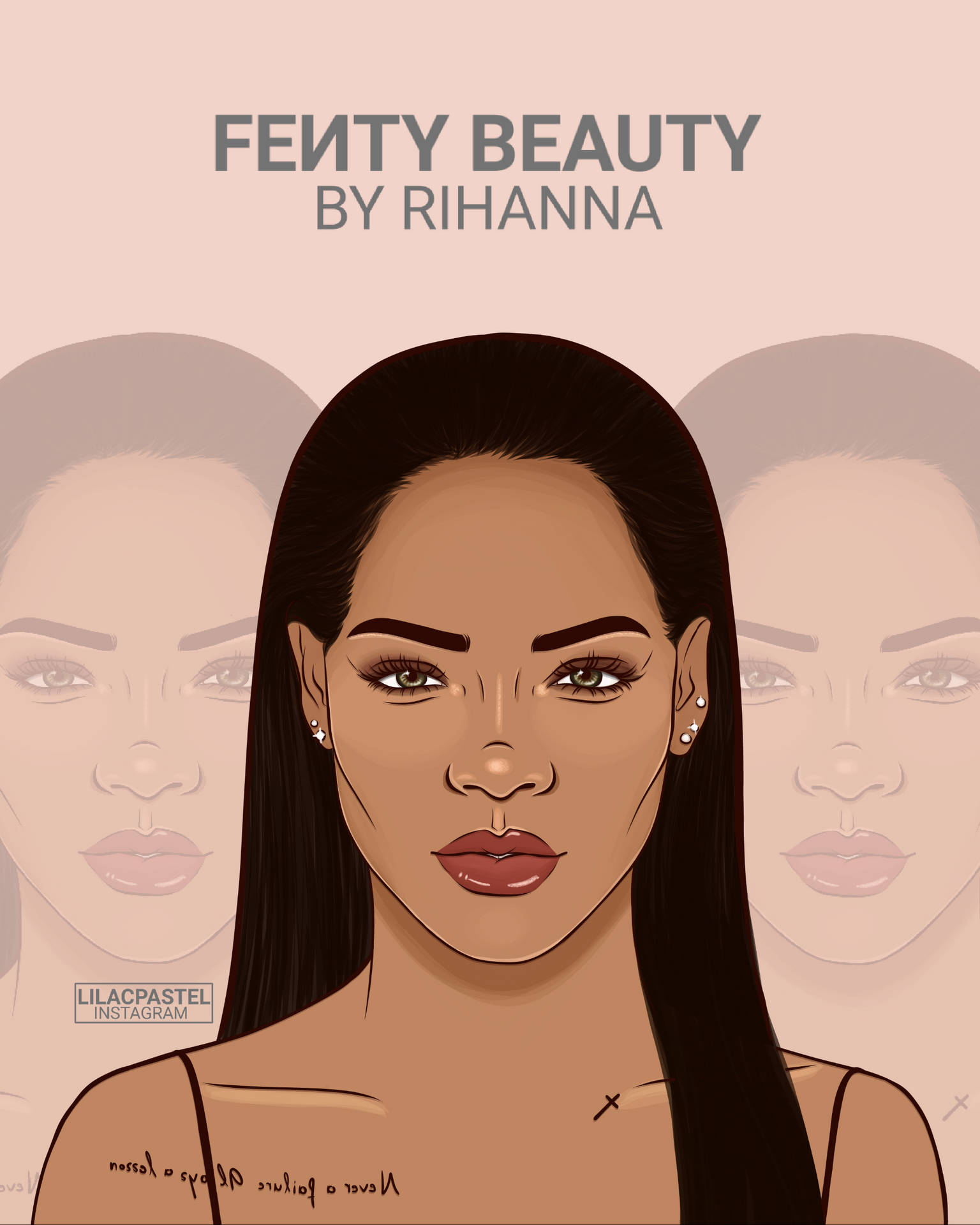 Rihanna 插圖肖像，帶有重複的臉部背景和 Fenty Beauty 品牌標識。