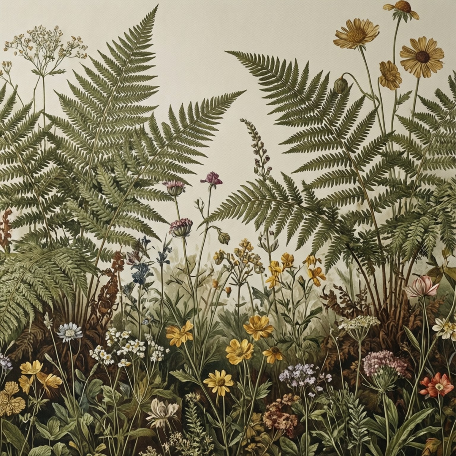 以柔和泥土色調描繪蕨類植物和野花的植物插圖。