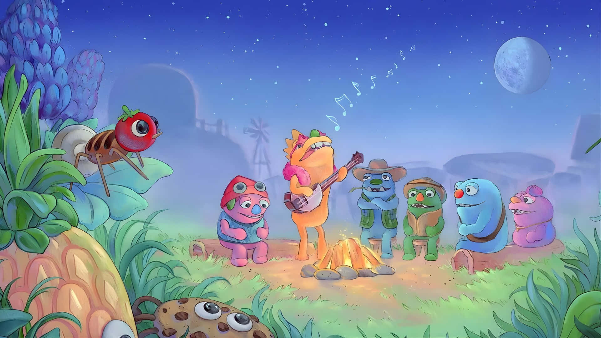  壁紙 — 節日卡通生物在星空夜空下圍著營火聚集，有月亮和異想天開的超大植物。