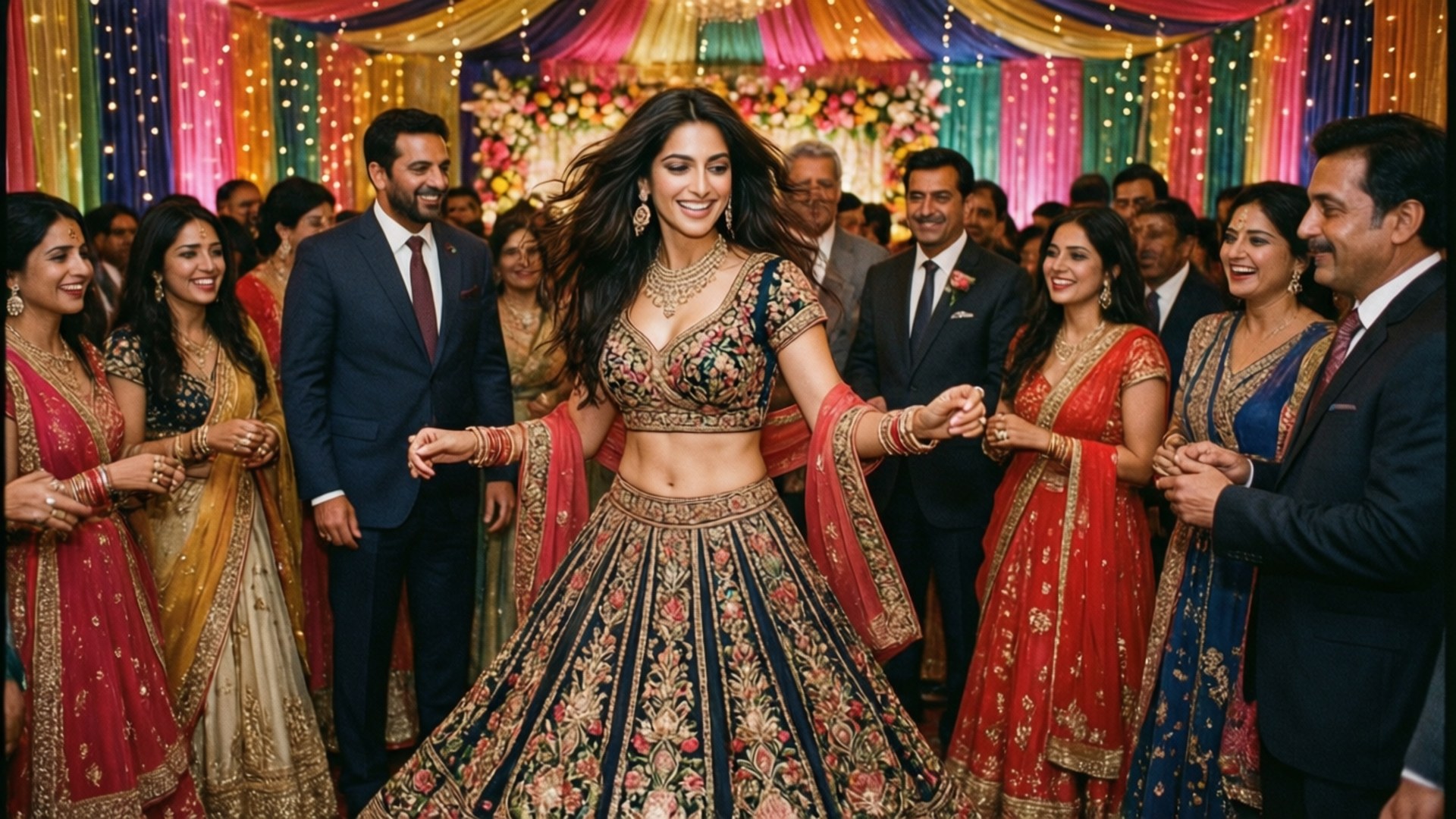 一位穿著花卉印花 lehenga 的女性在印度婚禮上快樂地跳舞，周圍是微笑的賓客。