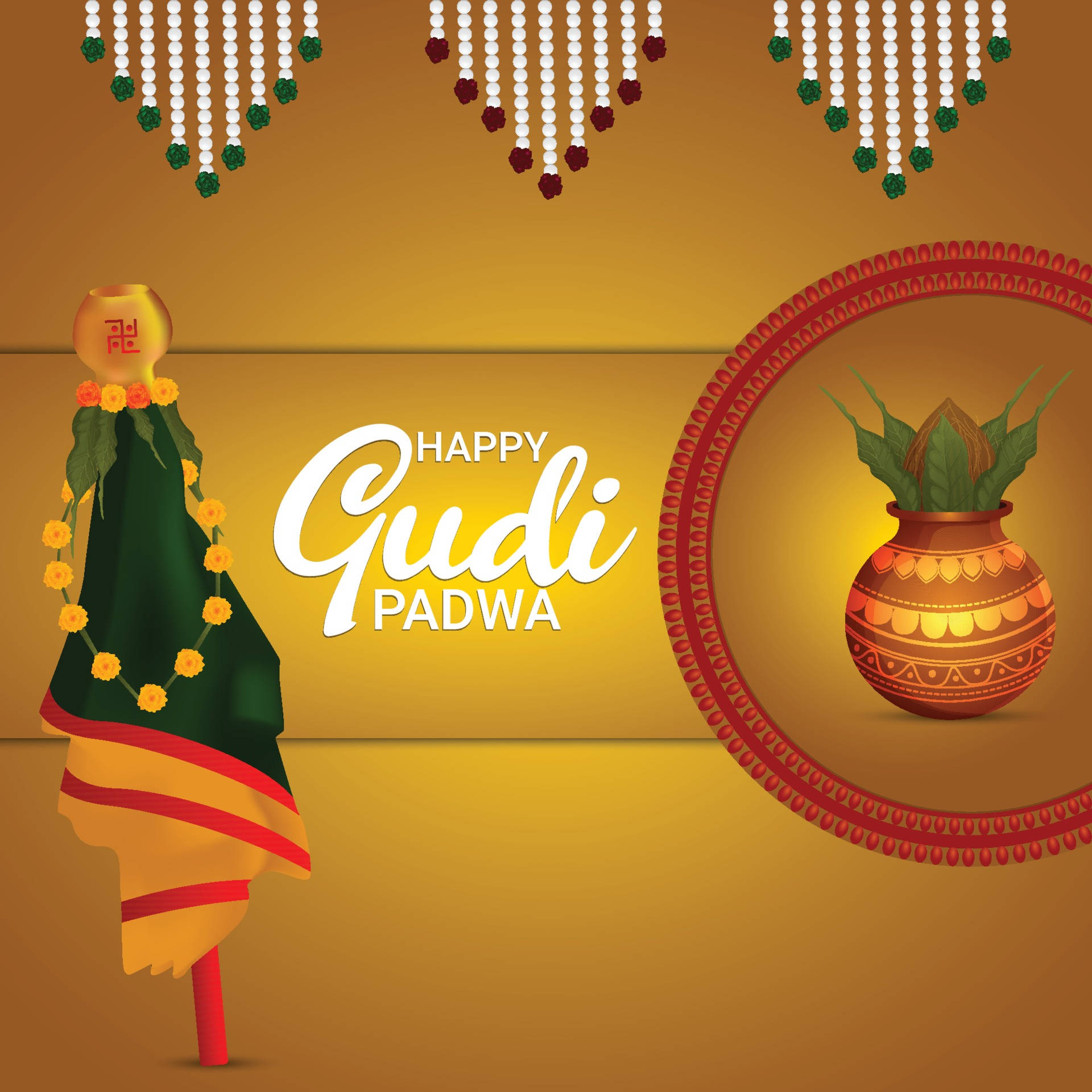 節日氣氛濃厚的 Gudi Padwa 賀卡，裝飾過的 gudi 和花盆，金色背景。
