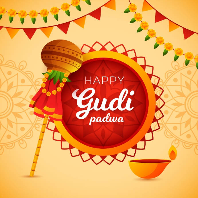 Gudi Padwa節日祝福，附有裝飾柱和油燈。