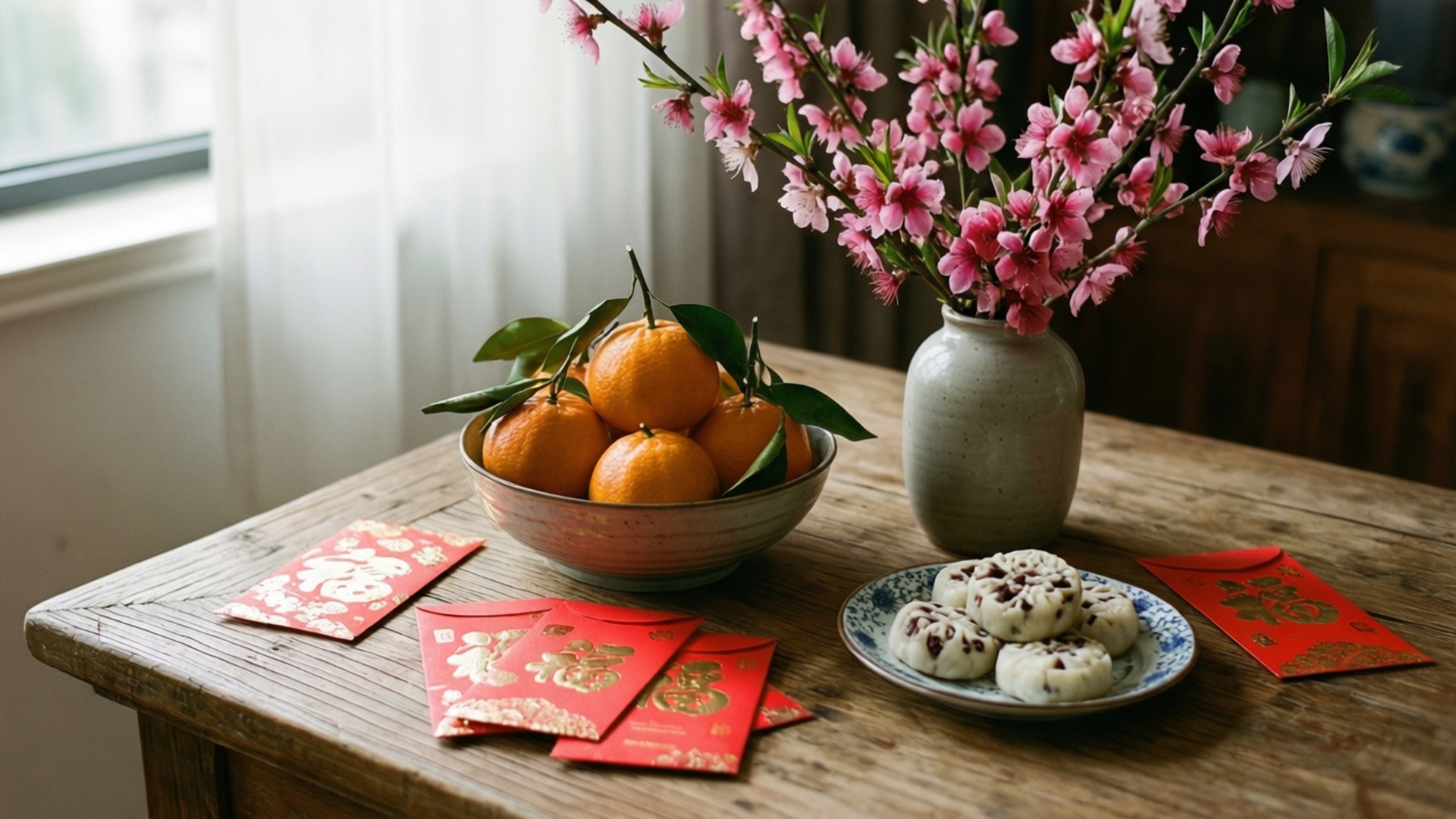 一張木桌，上面有橙子、桃花、紅色利是封和芝麻餅乾，用於農曆新年。